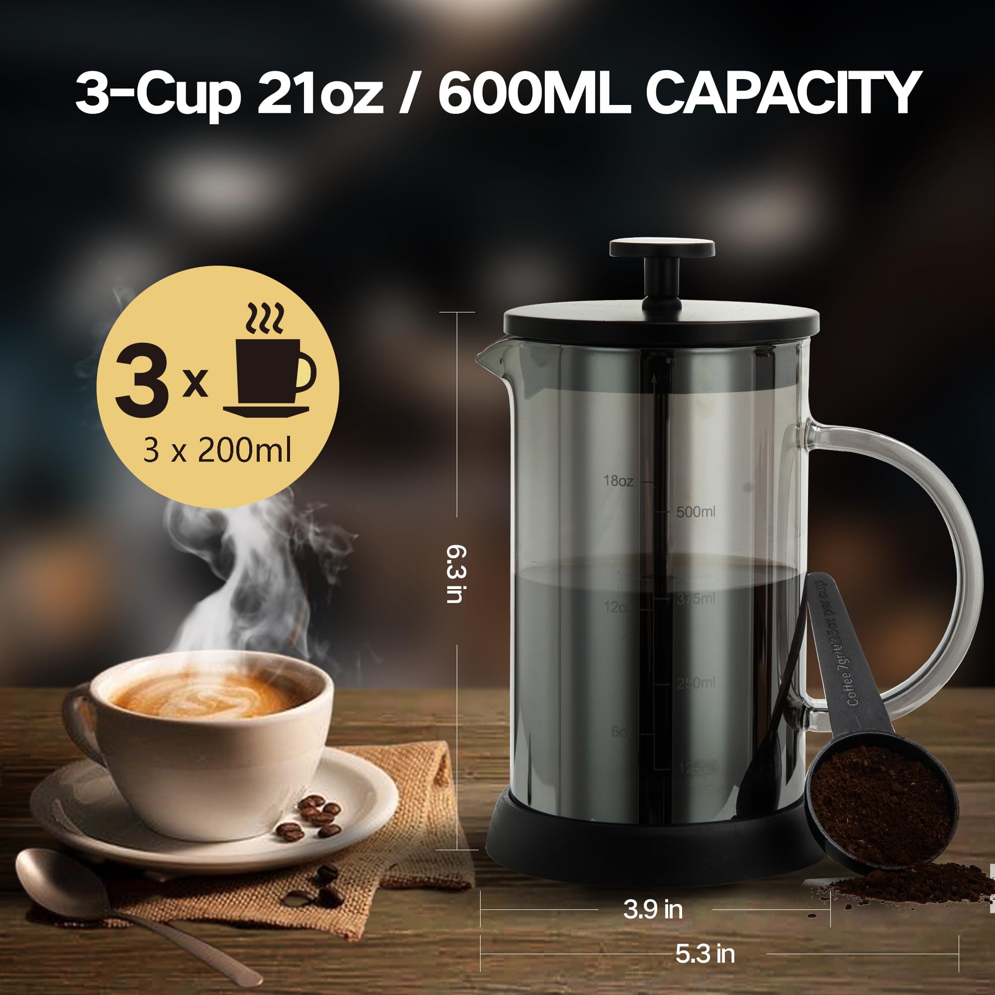 YMMIND French Press Coffee Maker 304 Stainless Steel Coffee Press,with 4 Filters System, Heat Resistant Thickness Borosilicate French Press Glass, BPA-Free Brewed Tea Pot Coffee Plunger(Copper 12oz)
