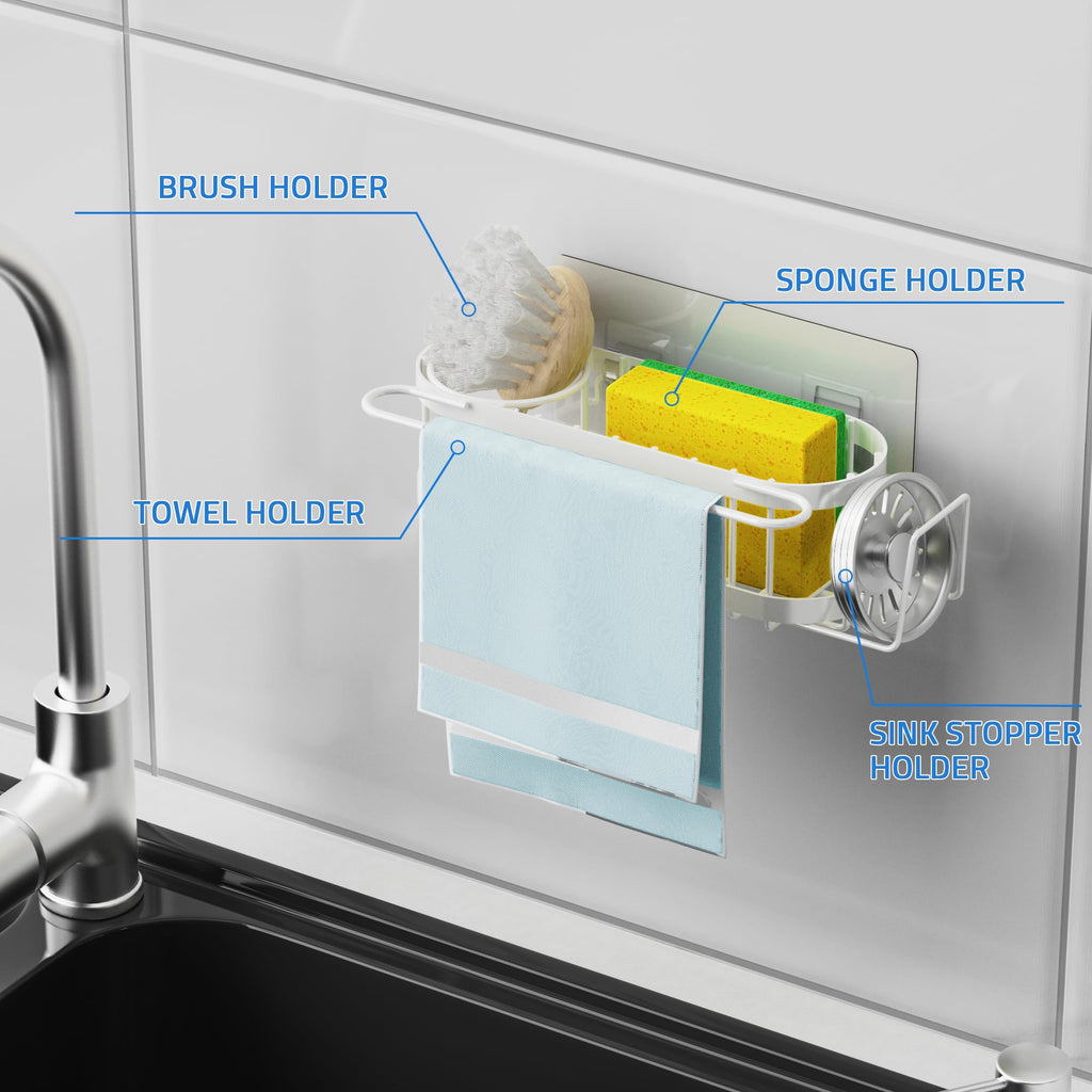 Cisily Organizador de Fregadero de Cocina con Soporte para Esponja en el Fregadero, Organizador de Fregadero de Cocina de Acero Inoxidable, Soporte para Cepillo, Percha para Paños de Platos, Soporte