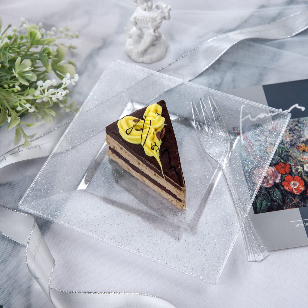 DaYammi 200Pcs Gold Dessert Plates Including 100Pcs Appetizer Plates 6",100Pcs Plastic Forks 5.7",Gold Glitter Plastic Square Plate for Party,Gold Salad Plate and Cake Forks for Party Wedding