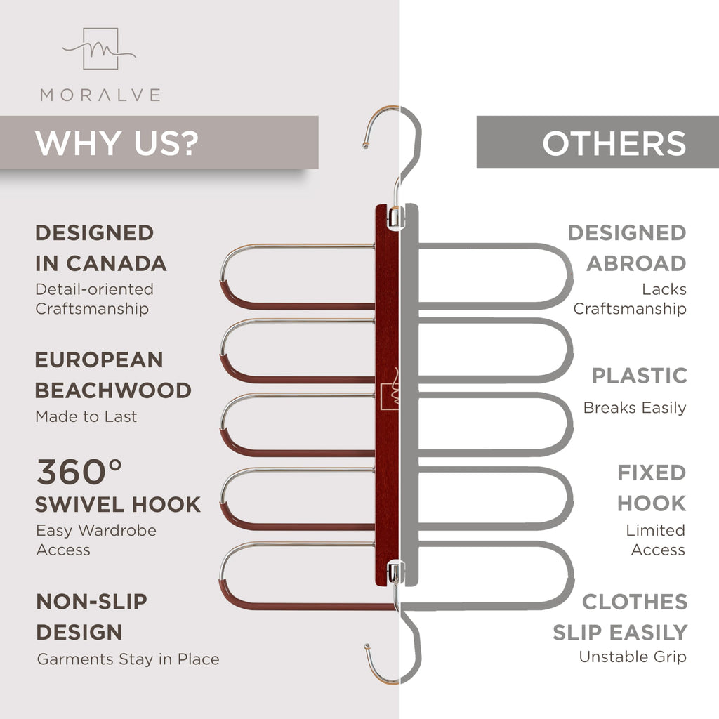 MORALVE Pants Hangers Space Saving - 2 Pack European Beechwood Scarf and Jean Hangers - Closet Organizer and Space Saver Pant Rack, Leggings Hanger, and Scarf Holder with 360° Swivel Hook