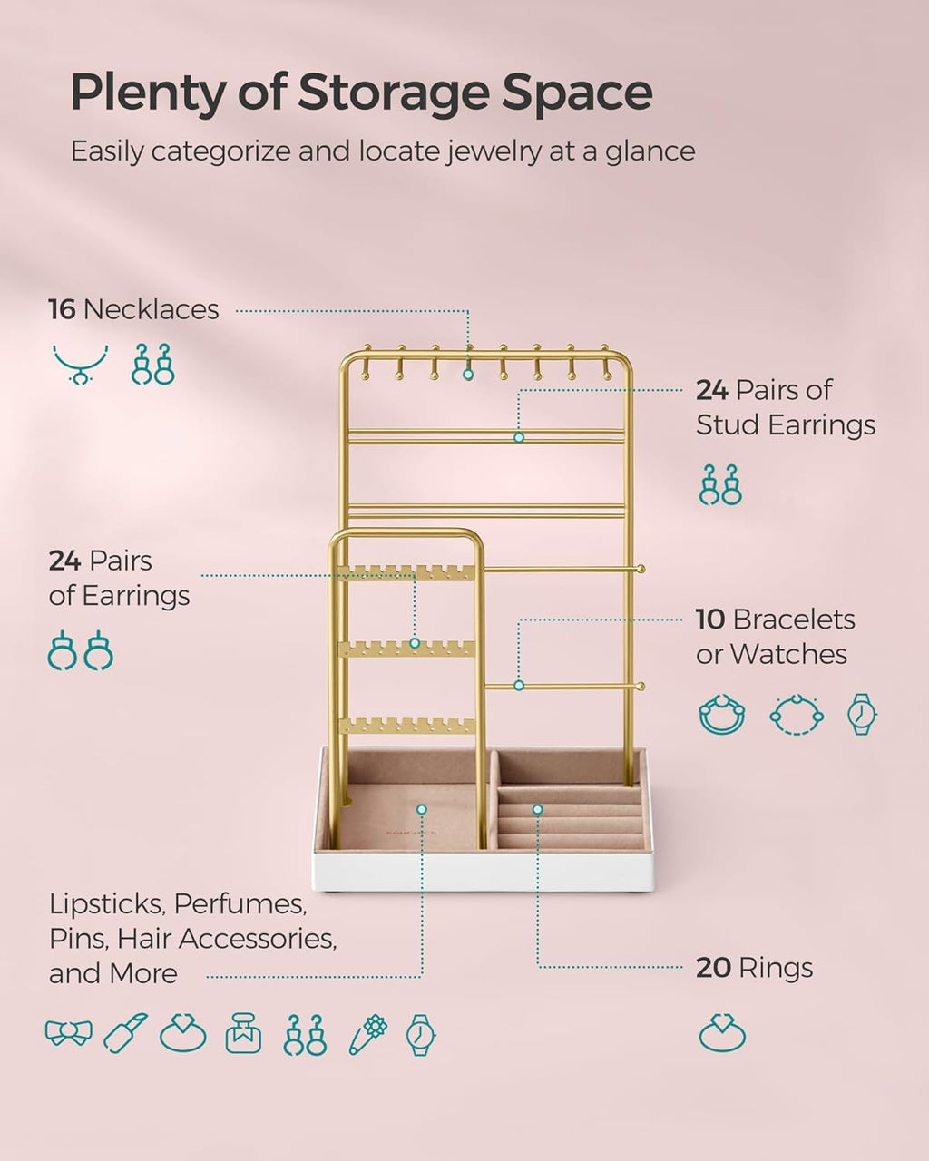 SONGMICS Jewelry Holder, Jewelry Organizer, Jewelry Display Stand with Metal Frame, Velvet Tray, Necklace Earring Bracelet Holder, for Studs, Rings, Gift Idea, Pale Gold UJJS021A01