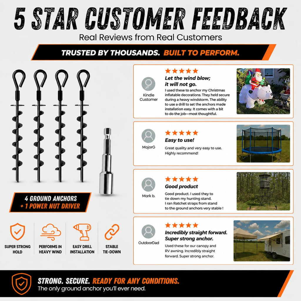 Ground Anchors Screw in Heavy Duty - 4 Pack with Power Nut Driver Drill Bit, Spiral Ground Stakes, Swing Set Anchors, Trampoline Tie Down Kit, High Wind Tent Stakes for Canopy, Car Port, RV Awning