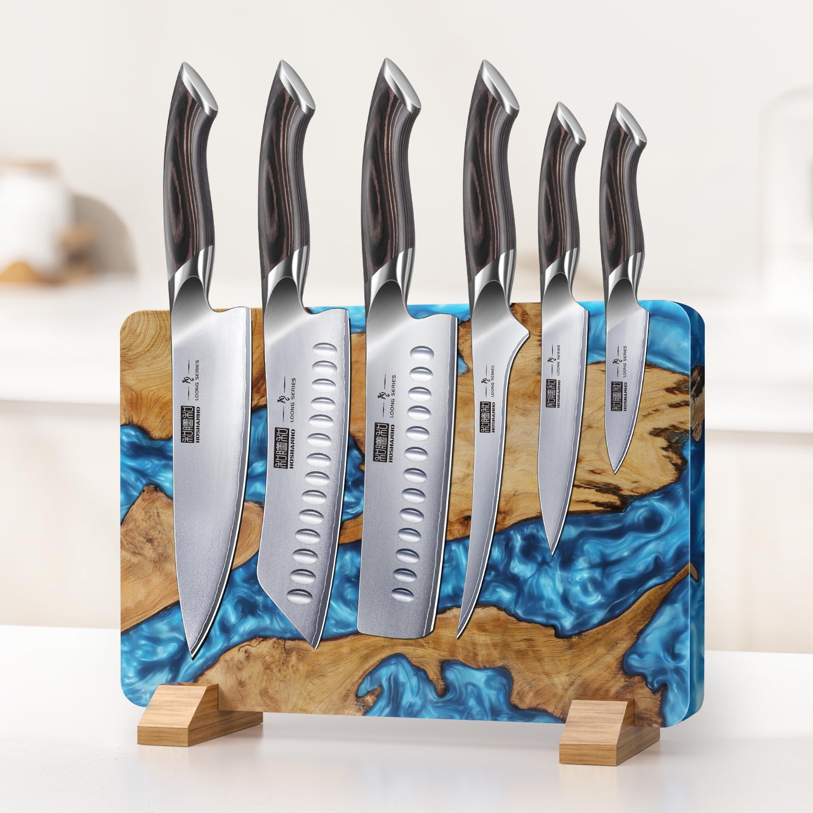 HOSHANHO Magnetic Knife Block 14 x 10 Inches, Double Sided Magnetic Knife Holder Rack for Kitchen Counter, Acacia Wood Magnetic Knife Storage Stand with Knife Sharpener