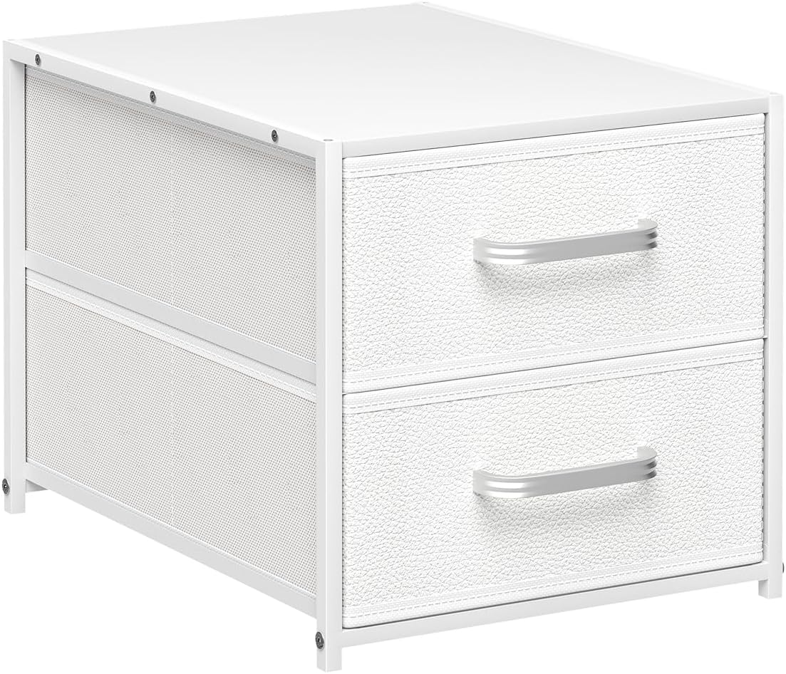 Homsorout Stackable Storage Drawers - 2 Tier Closet Organizer with Metal Handles and Metal Frame, Collapsible Fabric Bins Dresser for Bedroom, Dorm, Office, White, 1 Pack