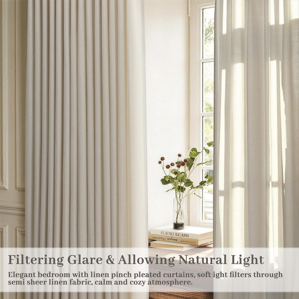Pinch Pleated Linen Curtains 96 Inches Extra Long Olive Green Drapes, Thick Linen Light Filtering Memory Trained Pleat Curtain for Living Room and Bedroom Privacy 2 Panels Texture with Back Tab