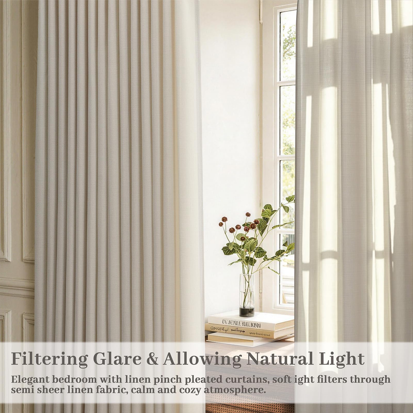 Pinch Pleated Linen Curtains 96 Inches Extra Long Olive Green Drapes, Thick Linen Light Filtering Memory Trained Pleat Curtain for Living Room and Bedroom Privacy 2 Panels Texture with Back Tab