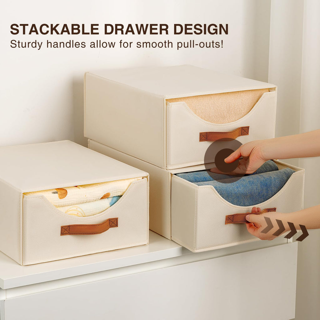 Homsorout Closet Organizers and Storage - Large Stackable Storage Bins with Drawer, Fabric Bins for Organization, Collapsible Drawer Organizer Clothes for Bedroom, Living Room, 4 Pack, Beige