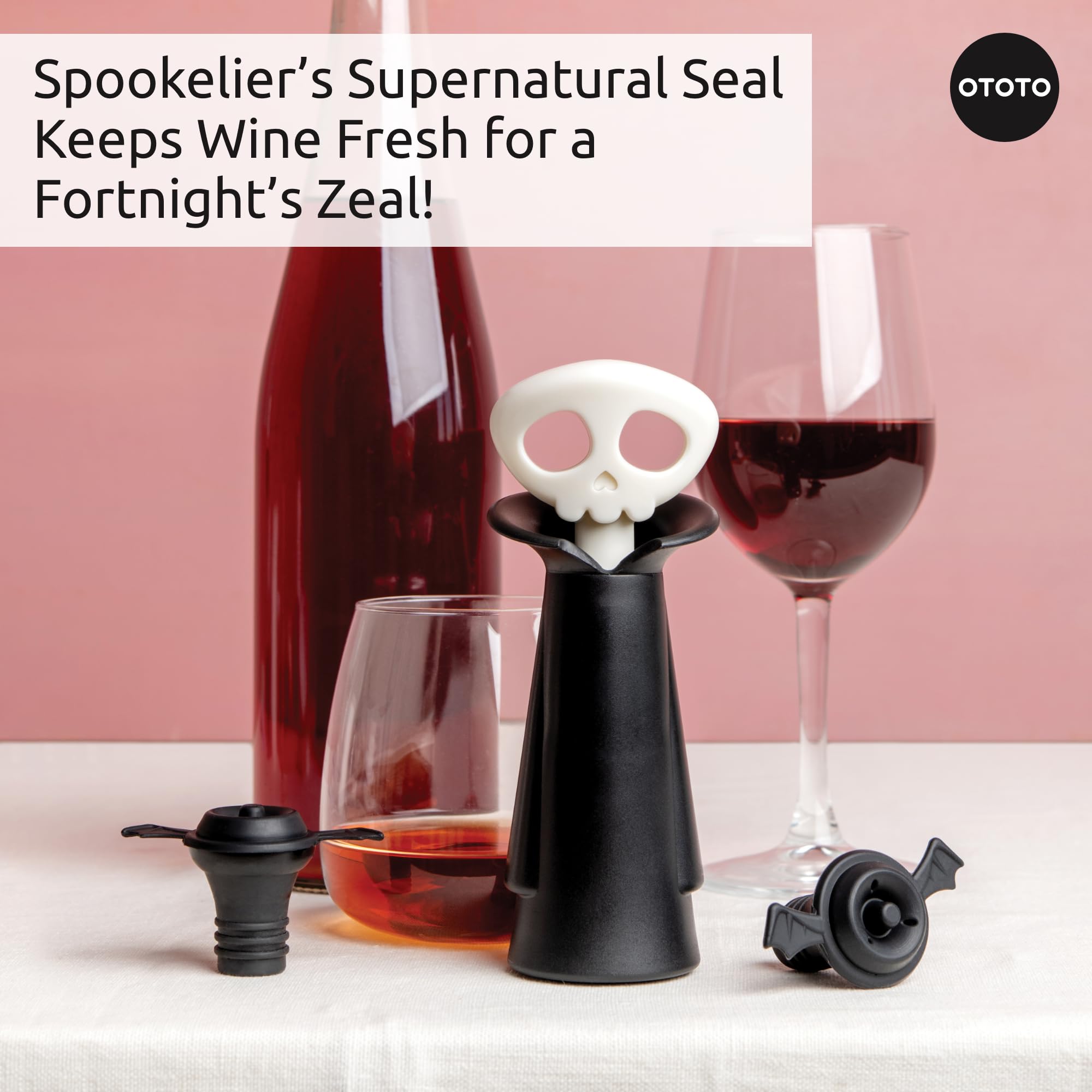 OTOTO Wine Stoppers & Pourer - Halloween Gifts for Wine Lovers, Spooky Wine Bottle Stopper, Wine Goth Accessories, Fun Kitchen Gadgets (Count Corkula)
