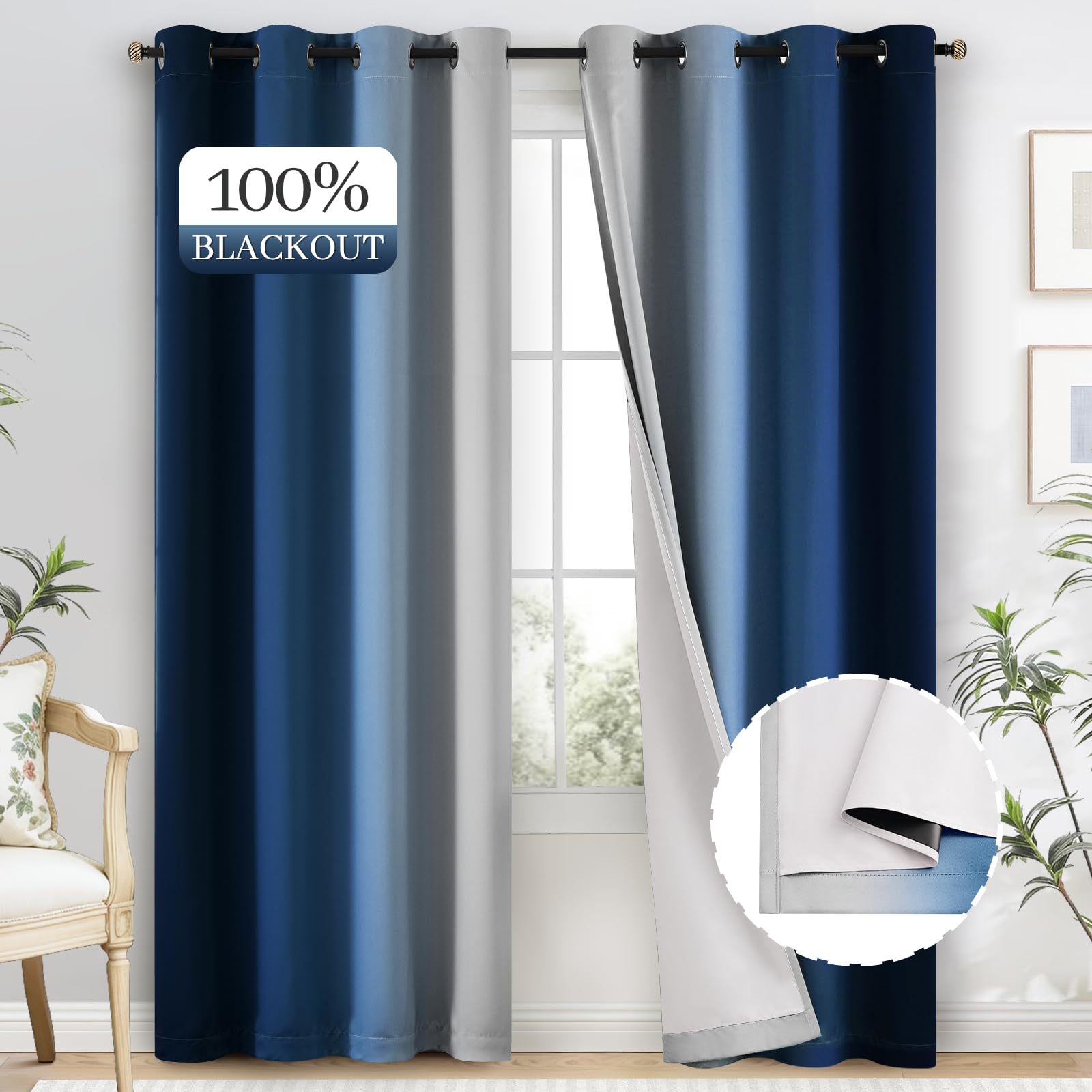 Yakamok Blue and Greyish White Ombre Curtains, Room Darkening Gradient Color Curtains for Bedroom, Light Blocking Thermal Insulated Window Drapes for Living Room(2 Panels, 52x84 Inch)