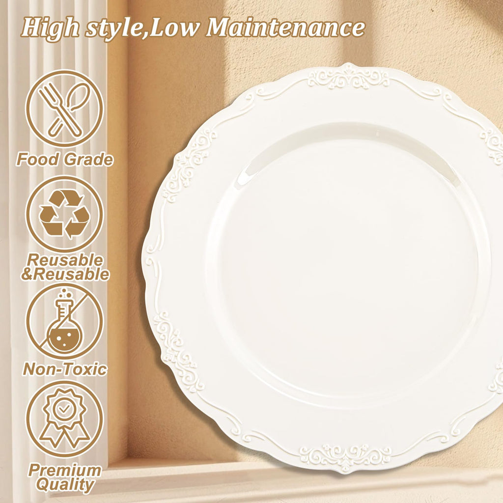 DaYammi 60PCS White Plastic Plates, Heavy Duty White Disposable Plates Premium 10inch Dinner Plates Hard Plastic Plates Disposable for Party Wedding Bridal Shower