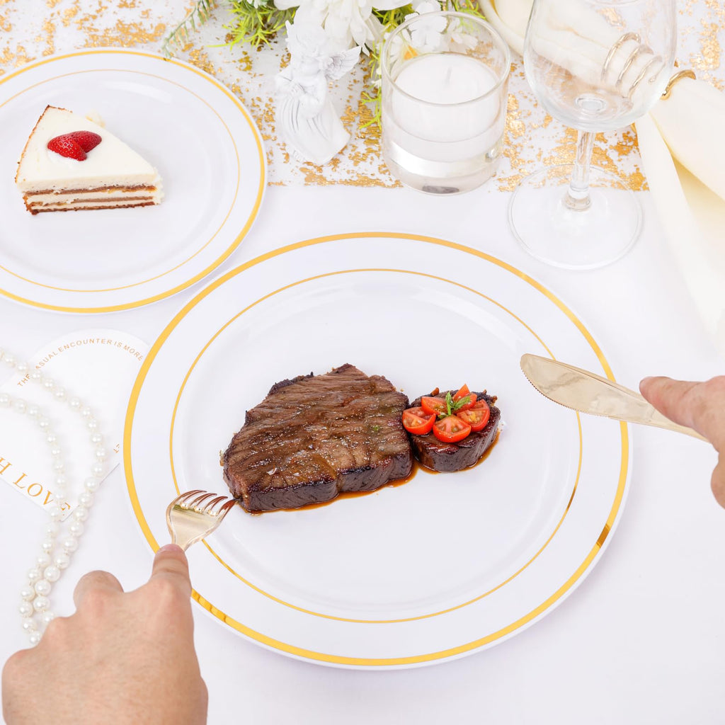 DaYammi 150pcs Gold Plastic Dinnerware Sets, Includes: 30 Gold Rim Dinner Plates, 30 Salad Plates, 30 Plastic Silverware Set, Perfect Fancy Disposable Plates for Party and Wedding