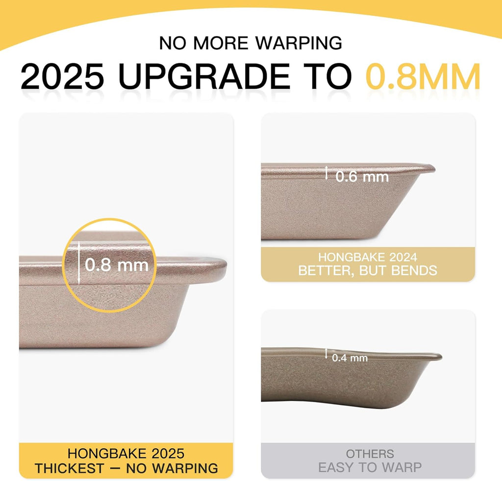 HONGBAKE Baking Sheet Pan Set of 3, Cookie Sheets for Oven, Nonstick Half/Quarter/Jelly Roll Pans with Diamond Texture Pattern, 0.8mm Thick Heavy Duty Cookie Tray, Champagne Gold