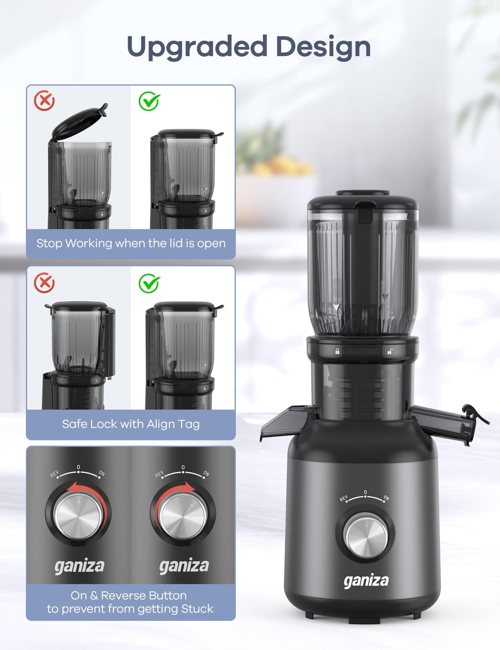 Ganiza Juicer Machines, Slow Masticating Juicers with Large Feed Chute for Whole Fruits & Vegetables, Cold Press Juicer with 3 Replace Filters for Batch Juicing, Easy to Clean, BPA Free(Silver)
