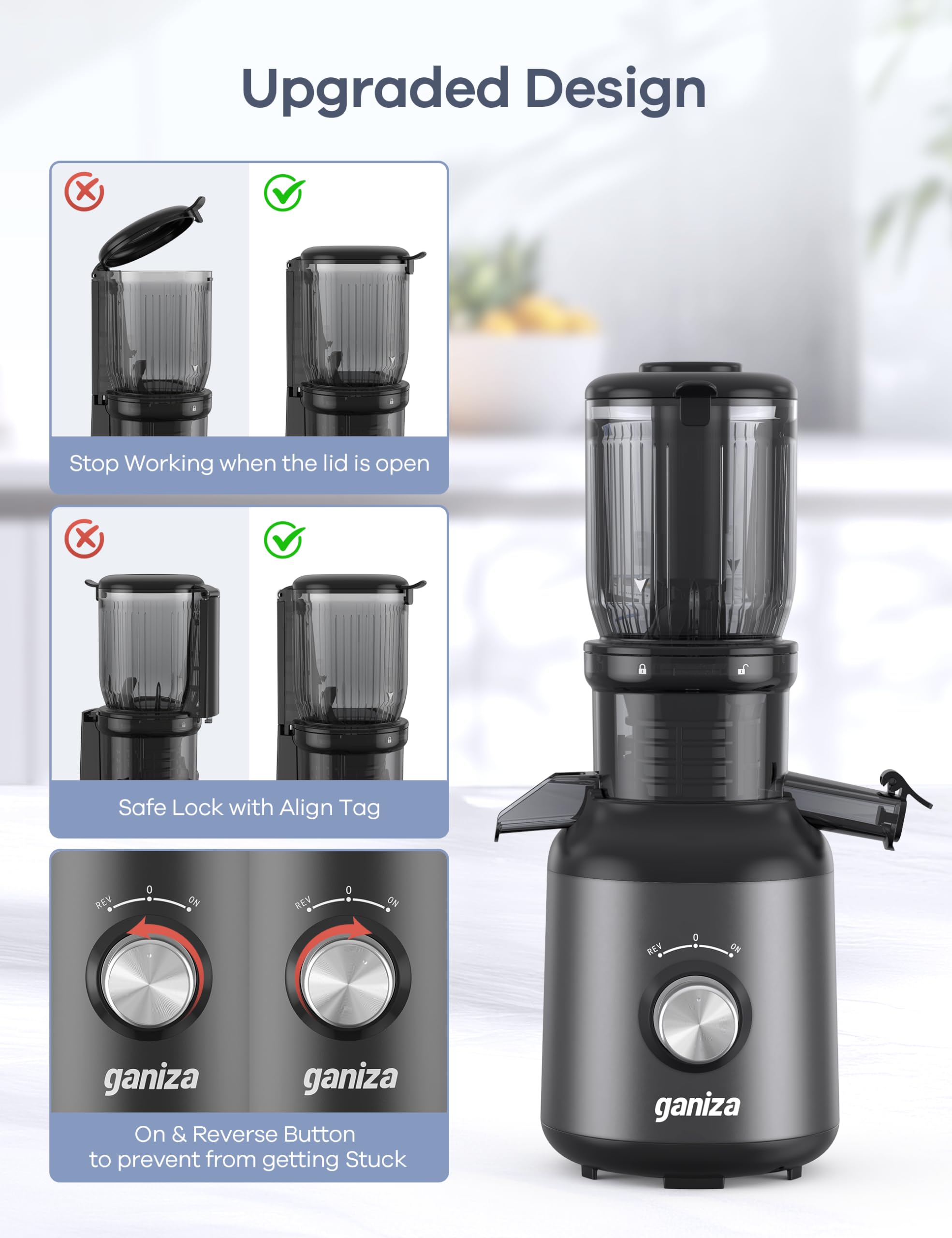 Ganiza Juicer Machines, Slow Masticating Juicers with Large Feed Chute for Whole Fruits & Vegetables, Cold Press Juicer with 3 Replace Filters for Batch Juicing, Easy to Clean, BPA Free(Silver)