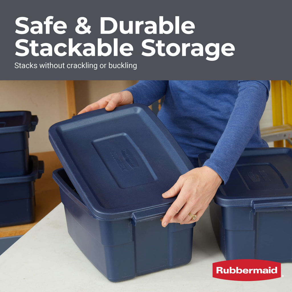 Rubbermaid Roughneck Tote 14 Gal, 6 Pack, Made in USA, Dark Indigo Metallic, Rugged Plastic Stackable Storage Bins with Lids and Handles