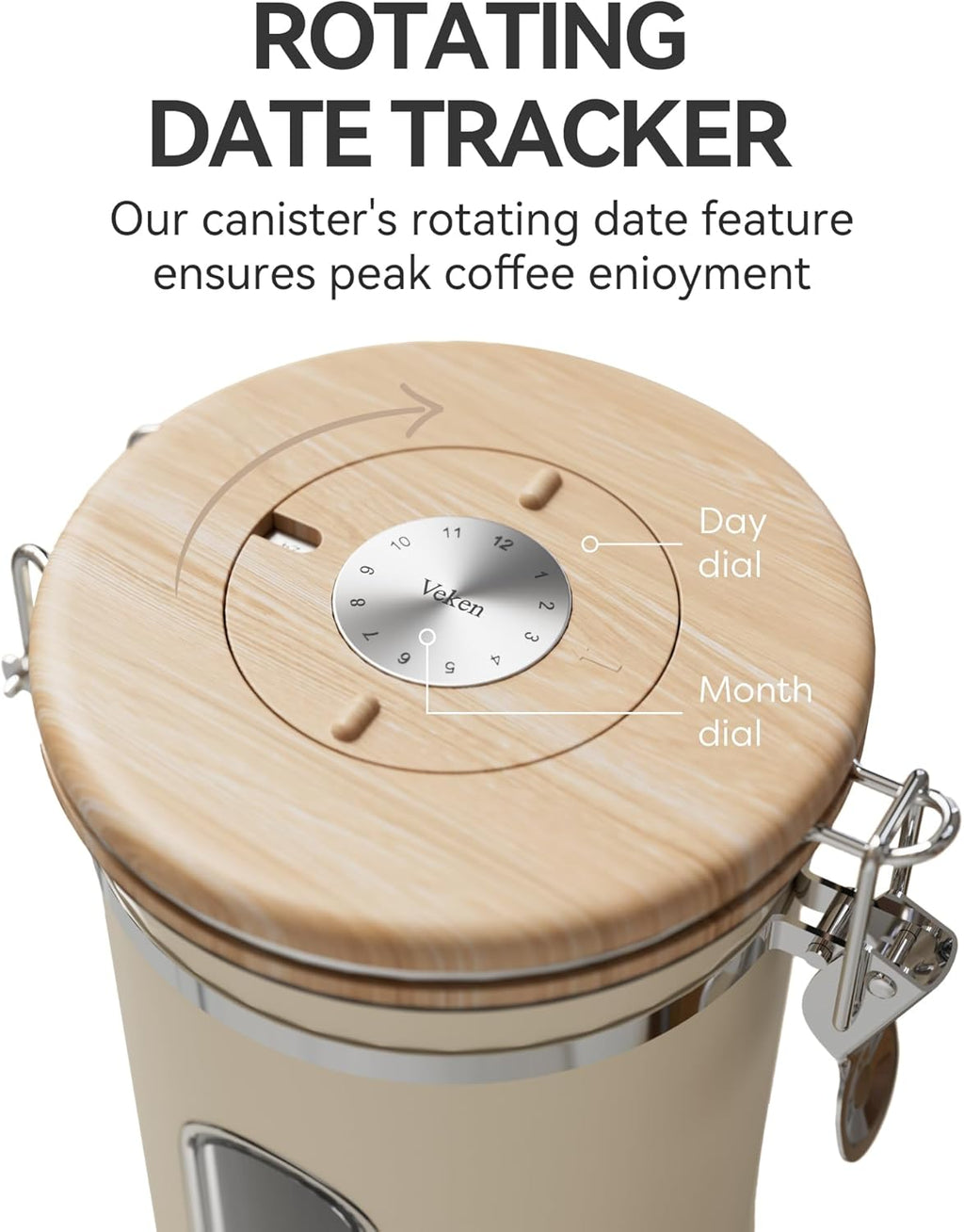 Veken Coffee Canister with Window,Airtight Stainless Steel Kitchen Food Storage Container, Date Tracker & Scoop for Grounds Coffee, Beans, Tea,Flour,Cereal,Sugar,22OZ,Copper