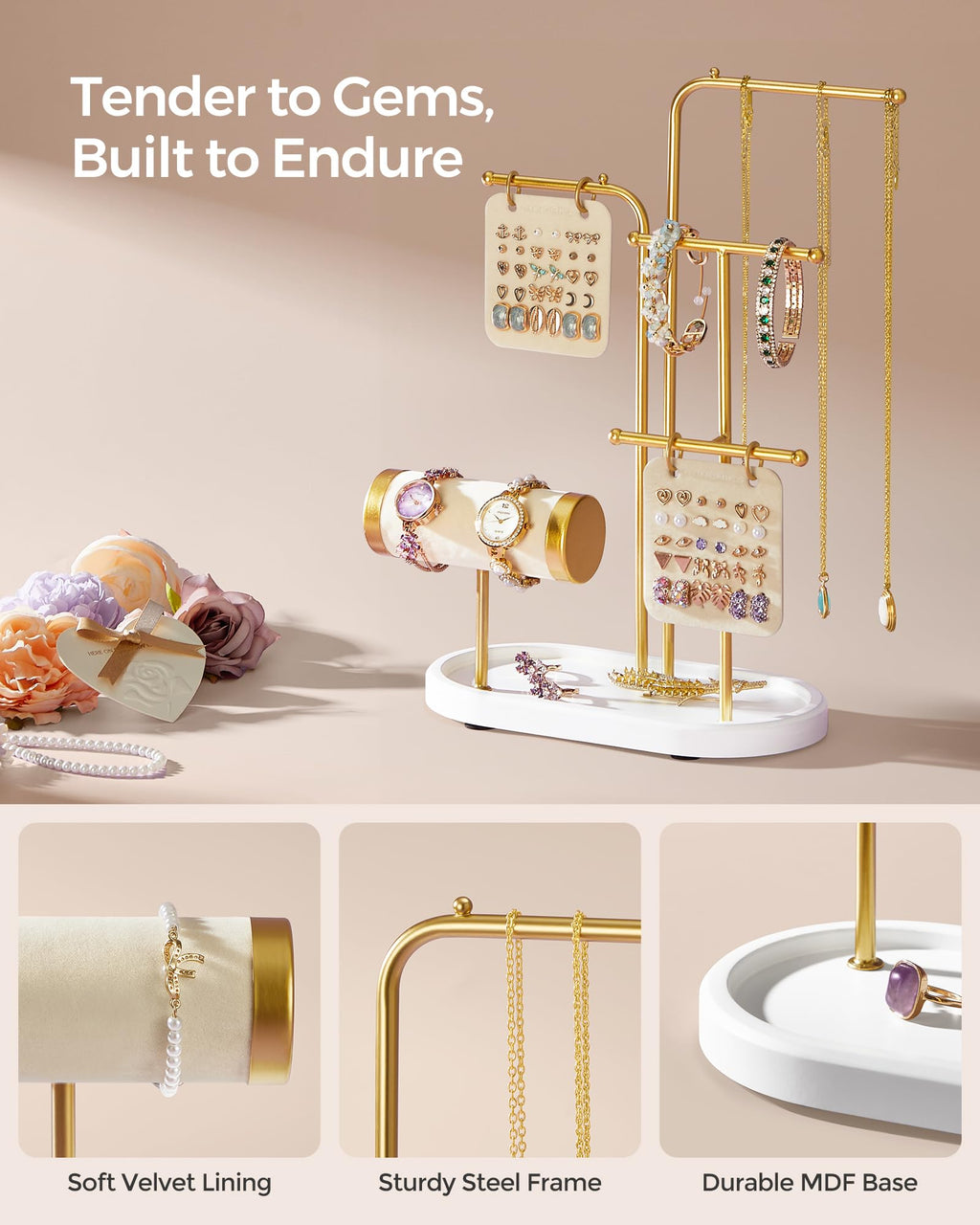 SONGMICS Jewelry Stand, Jewelry Organizer, Jewelry Display Holder with Metal Frame, 2 Earring Boards, 4 Hanging Rods, Necklace Earring Bracelet Holder, for Watches, Metallic Gold UJJS025A01