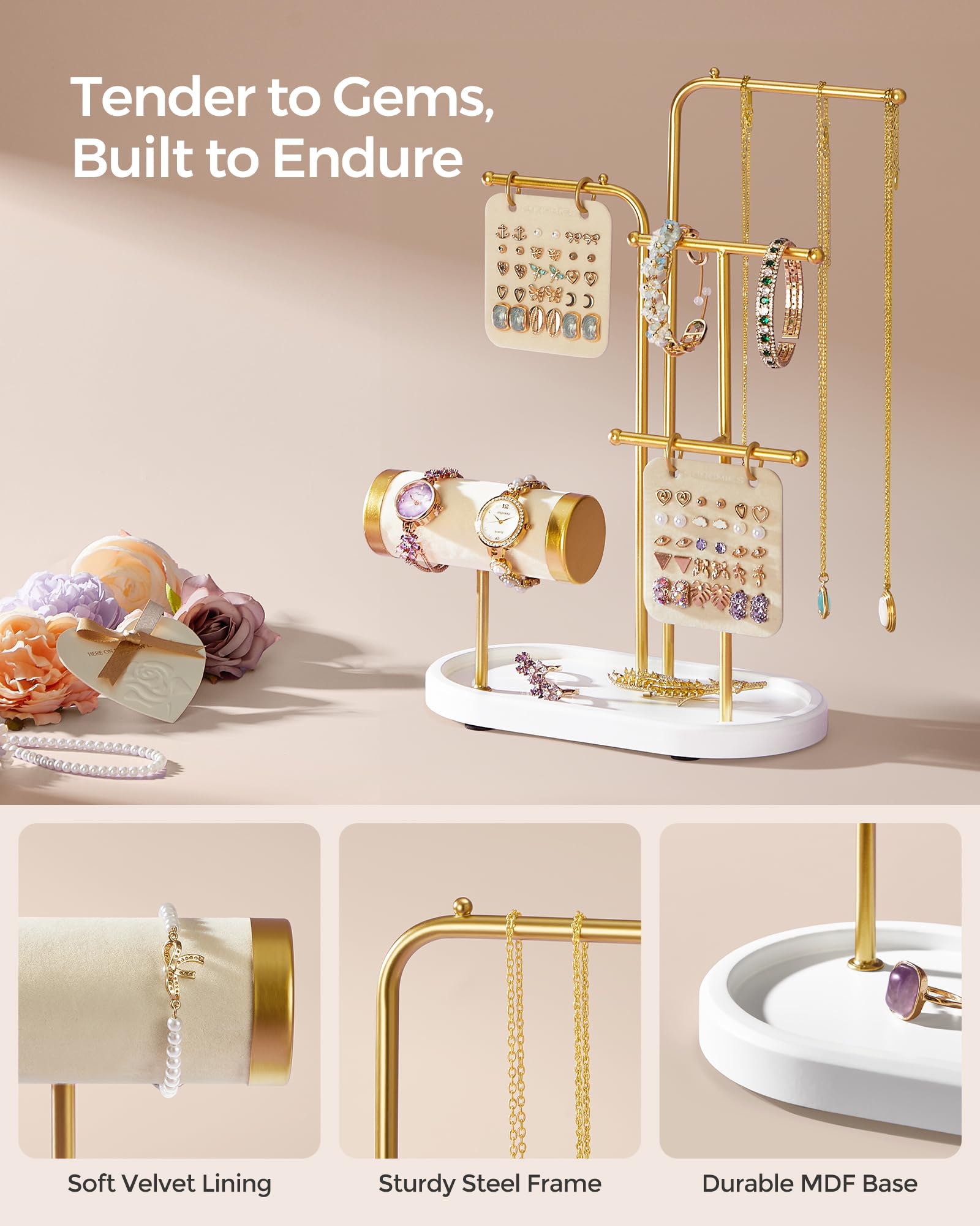 SONGMICS Jewelry Stand, Jewelry Organizer, Jewelry Display Holder with Metal Frame, 2 Earring Boards, 4 Hanging Rods, Necklace Earring Bracelet Holder, for Watches, Metallic Gold UJJS025A01