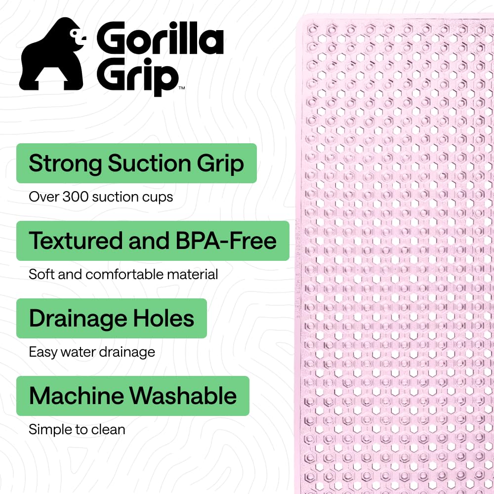 GORILLA GRIP Patented Bath Tub Shower Mat, Machine Washable Bathtub Floor Liner Mats, Suction Cups and Drain Holes to Keep Tubs Clean, Soft on Feet, Bathroom Essentials, 35x16 Inch, Clear