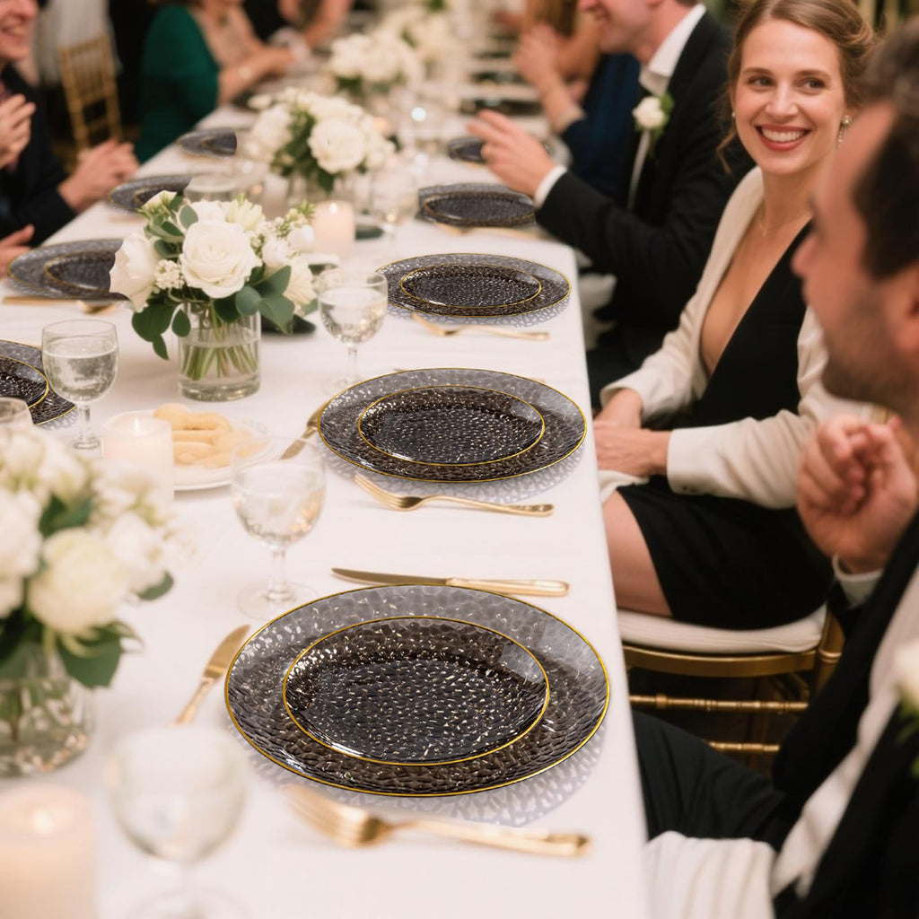 DaYammi 350PCS Clear Gold Plastic Dinnerware Set for 50 Guests, Hammered Disposable Plates for Party, Include: 50 Dinner Plates, 50 Dessert Plates, 150 Gold Silverware, 50 Napkins, 50 Cups