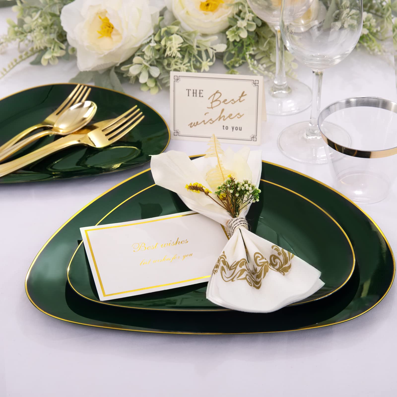 DaYammi 210Pcs White Gold Plastic Plates for Party,Gold Disposable Dinnerware Set Includes 60 gold Floral Plates,30 Plastic Silverware,30 Per Rolled Napkins,30 Cups for Mother's Day Party Wedding
