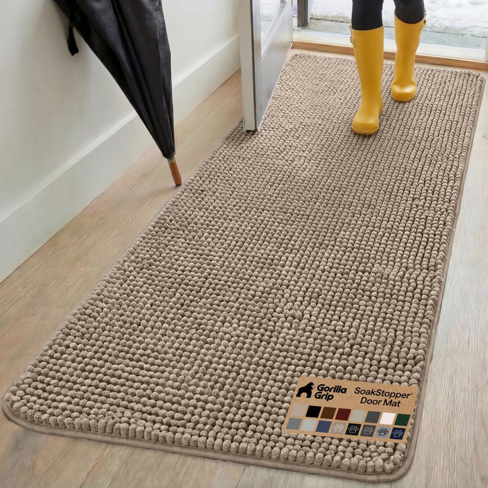 GORILLA GRIP SoakSTOPPER Dog Door Mat, Machine Washable Rug Absorbent Doormat Captures Moisture Mud Dirt, Quick Dry Soft Chenille Entryway Rugs Indoor Entrance Mats for Dog Paws, 24x17 Grey