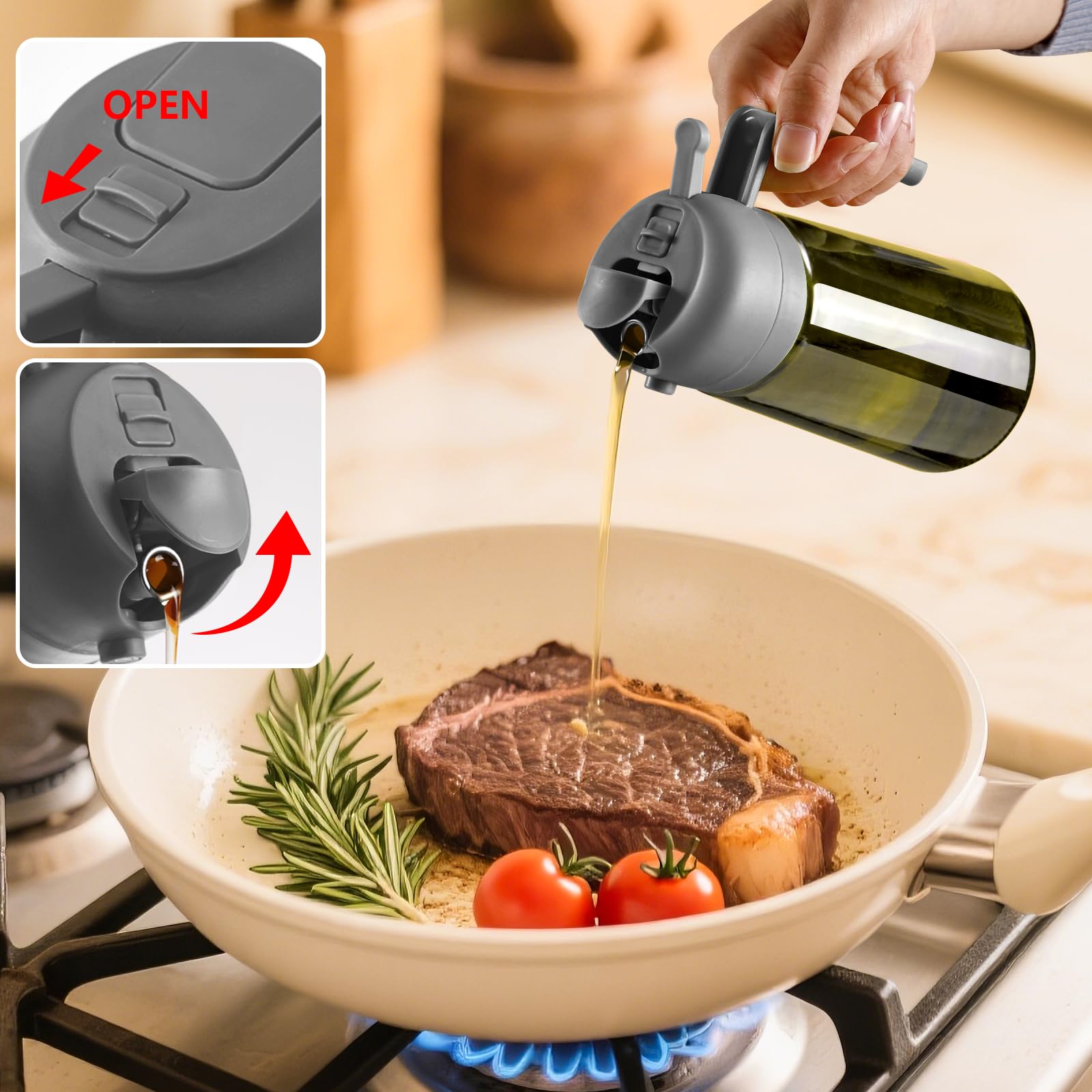 SWEET VIEW Olive Oil Dispenser and Oil Sprayer – 16oz/470ml Glass Light-Proof Oil Pourer for Kitchen, Air Fryer, Cooking, Salad, and BBQ