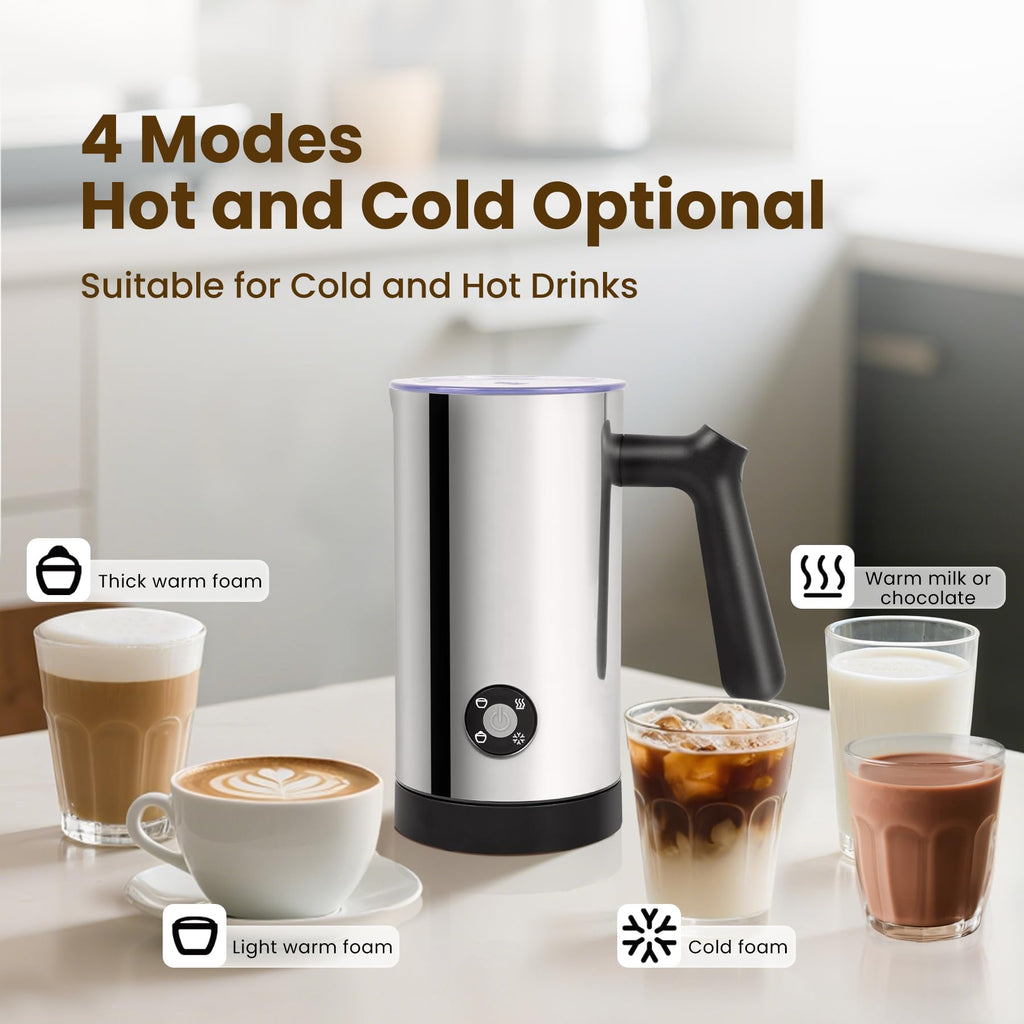 Milk Frother, 4-in-1 Milk Frother and Steamer, 10.6oz Electric Milk Steamer, Automatic Cold and Hot Foam Maker for Lattes, Cappuccinos, Ceramic Lining Interior (Polished)