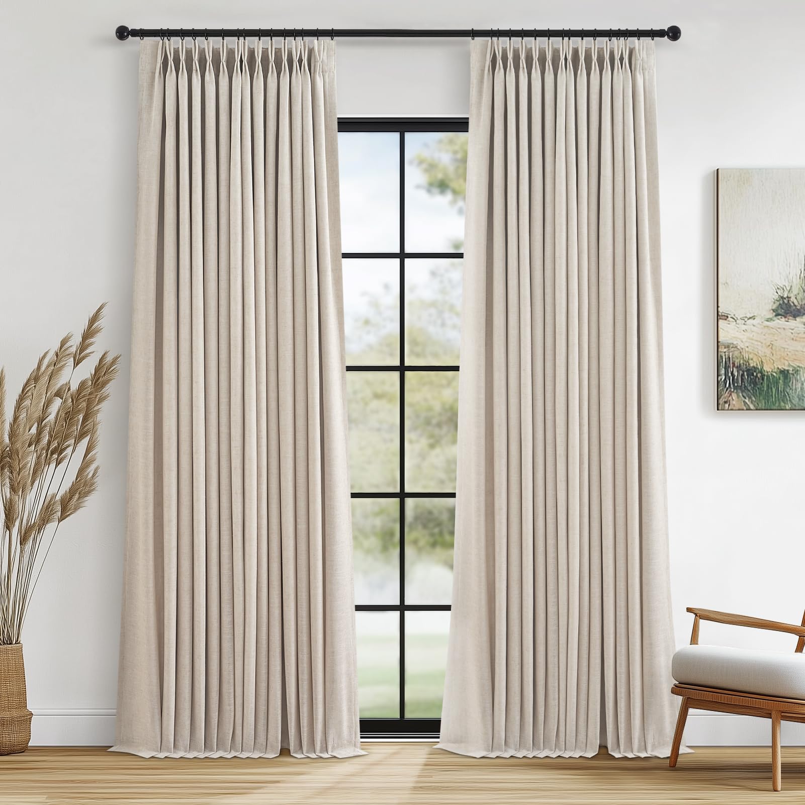 Topfinel 96 Inches Long Pinch Pleated 100% Blackout Curtains,Thermal Insulated Natural Linen Pinch Pleat Viral Drapes with Hooks Rings 2 Panel Sets,Neutral Beige Ivory 8FT Back Tab Window Curtains
