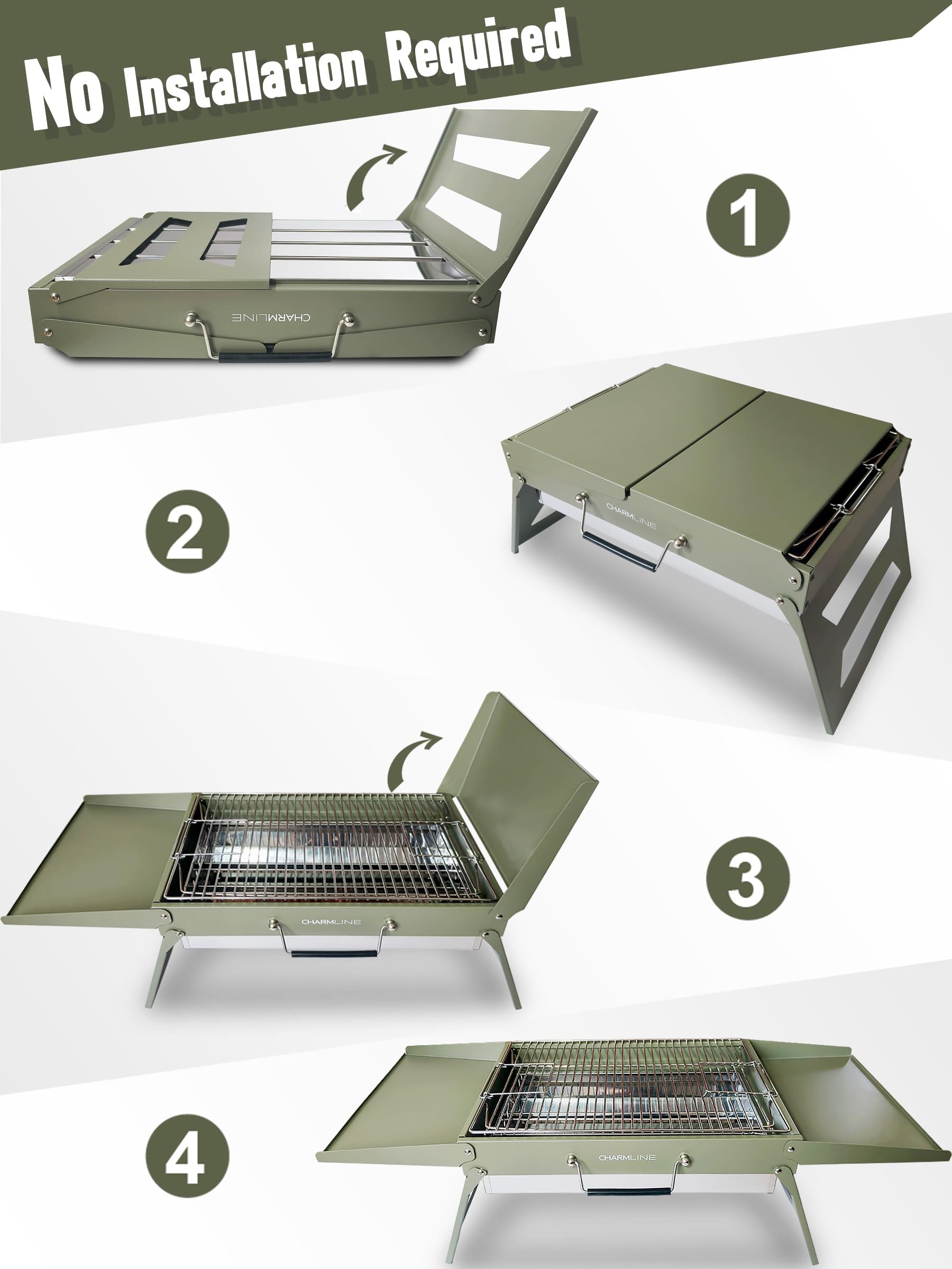 Charmline 14 x 9 inches Portable Charcoal BBQ Grill, Foldable Compact Camping Barbecue for 1–3 People, Ideal for Garden, Beach, Picnic & Tabletop Use, Green