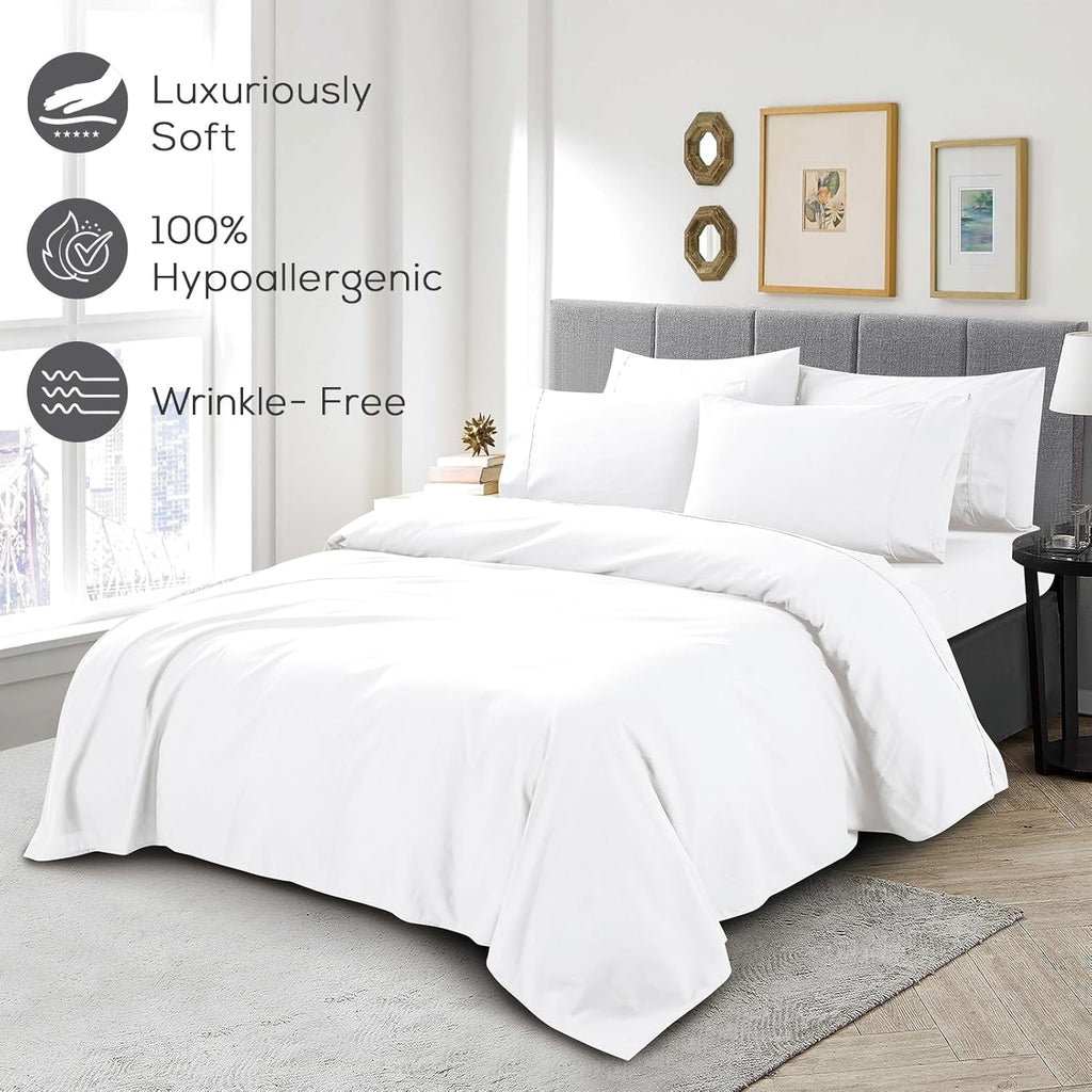 Mueller Ultratemp King Size Sheets Set, Super Soft 1800, 6 Piece, Deep Pocket up to 16" Bed Sheets, Transfers Heat, Breathes Better, Hypoallergenic, Wrinkle, White