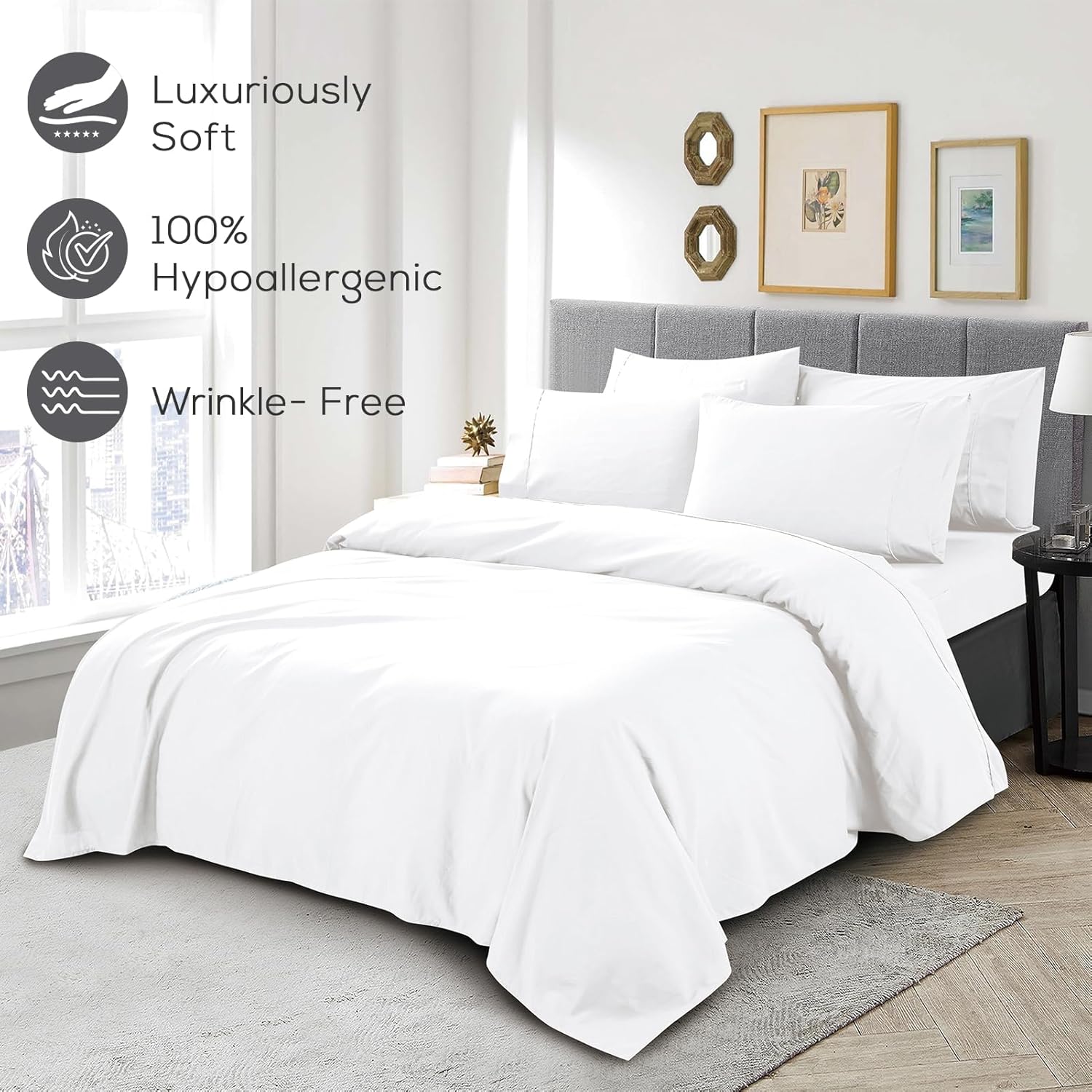 Mueller Ultratemp King Size Sheets Set, Super Soft 1800, 6 Piece, Deep Pocket up to 16" Bed Sheets, Transfers Heat, Breathes Better, Hypoallergenic, Wrinkle, White