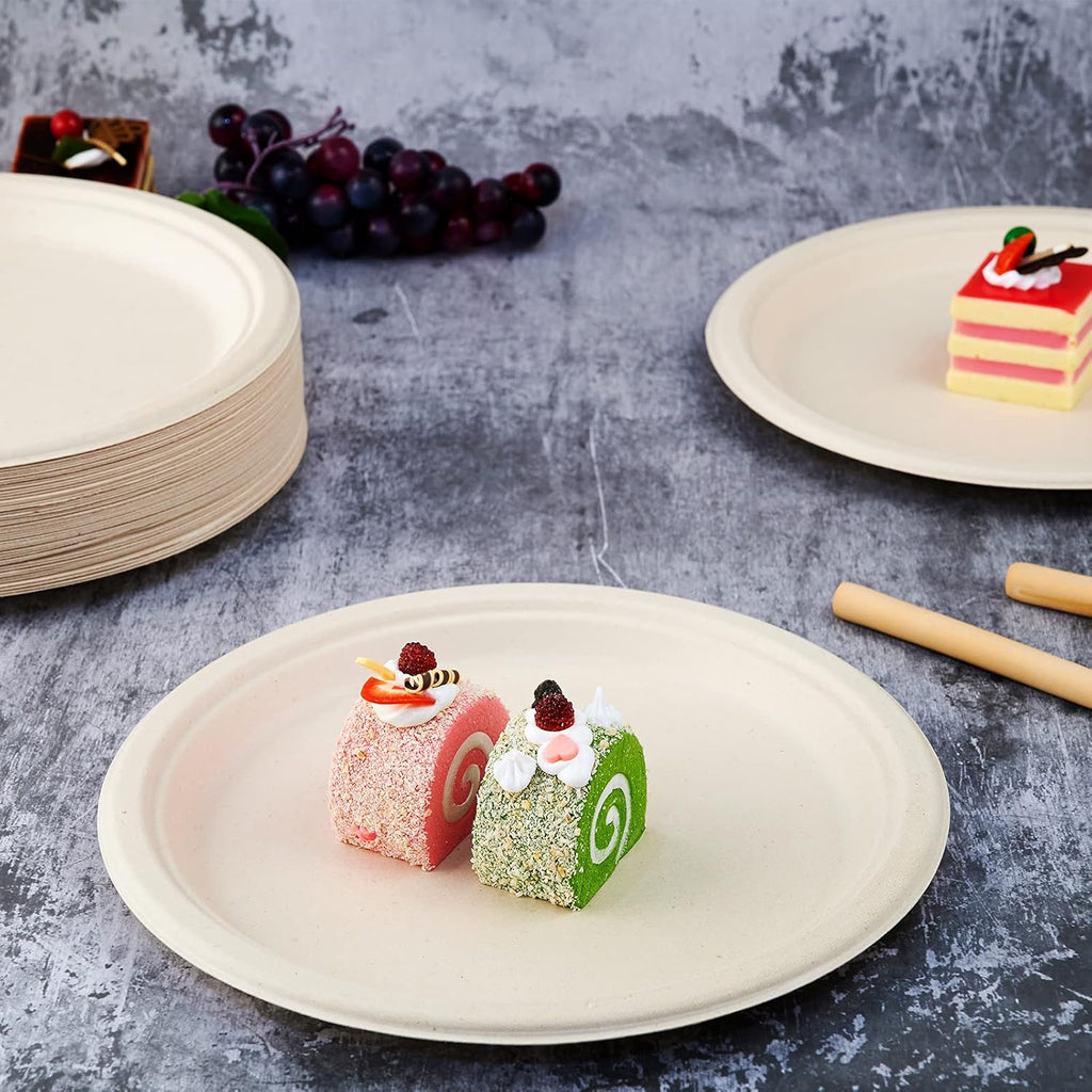 Vplus 150 Pack Compostable Disposable Paper Plates 10 inch and 180 Pack 16 OZ Paper Bowls