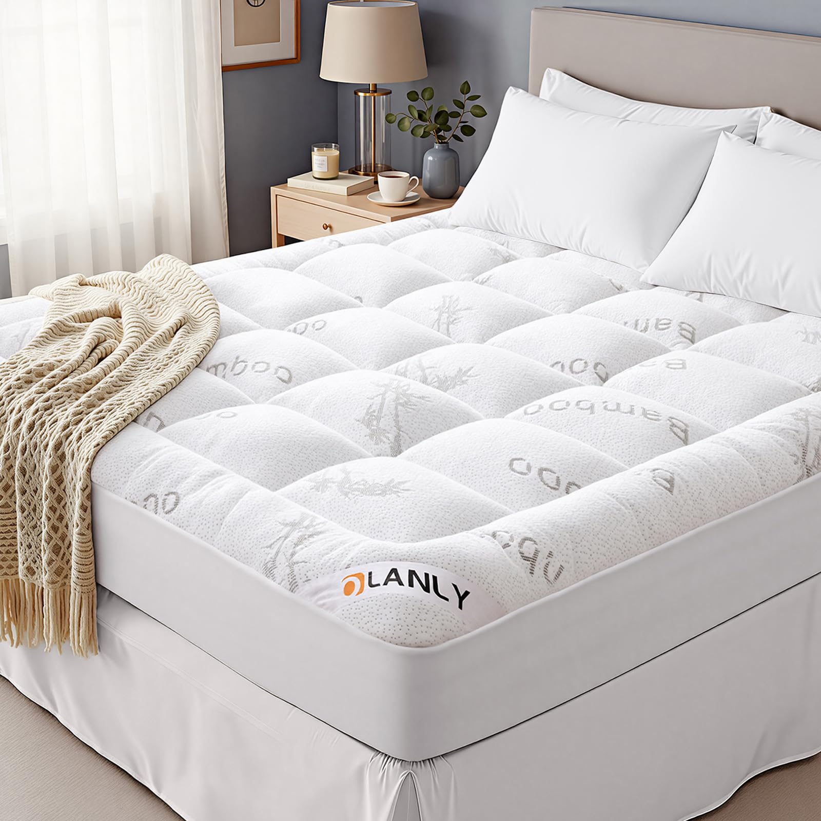 OLANLY Queen Mattress Topper – Viscose Made from Bamboo, Cooling Soft Queen Pillow Top Mattress Pad for Back Pain Relief, Plush Down Alternative Fill Bed Topper with Elastic Deep Pocket, Dark Gray