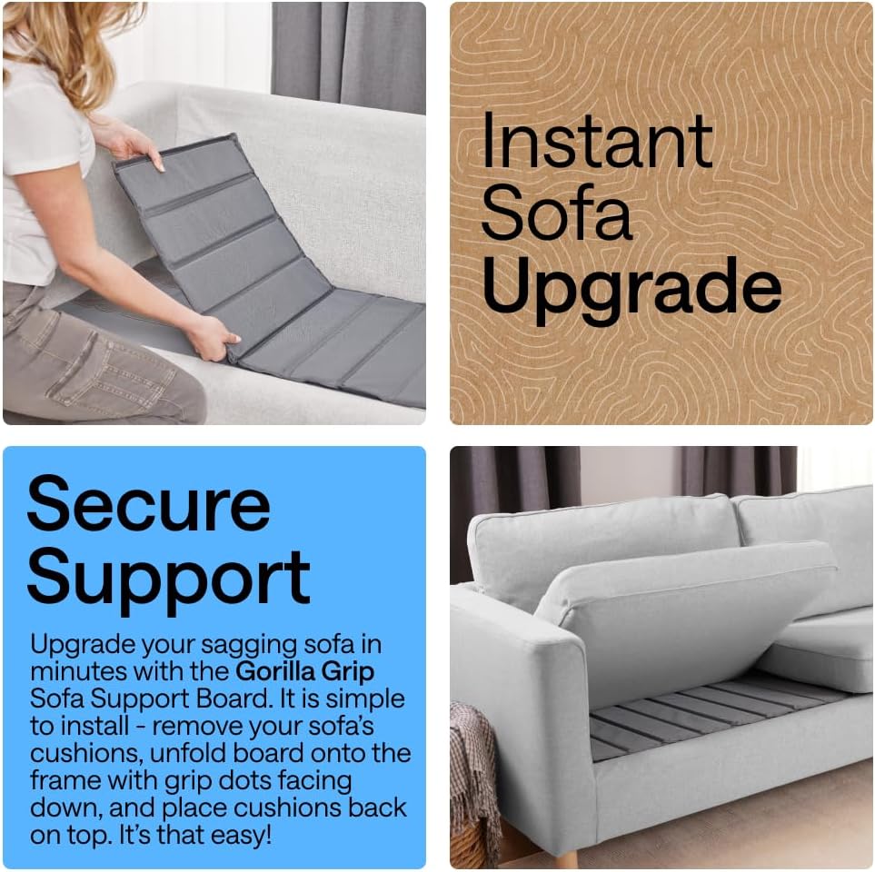 GORILLA GRIP Heavy Duty Couch Cushion Support Board to Fix Sagging Sofas, 21.5 x 70 Sofa, Thick Plywood Boards Add Strong Seat Supports, Stays in Place, Replacement Stuffing Under Couches, Grey