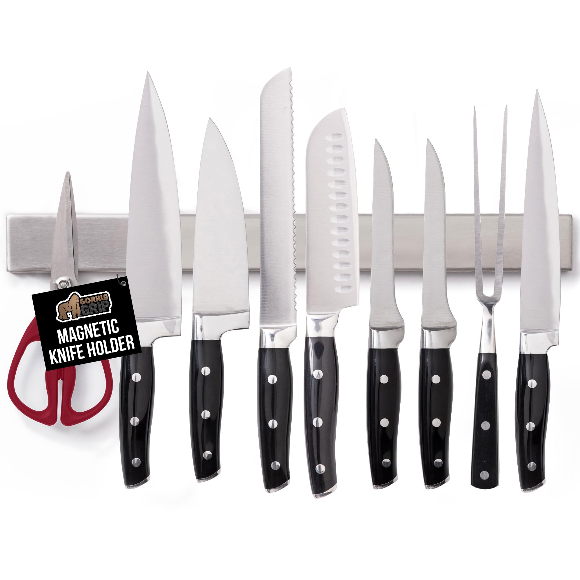 GORILLA GRIP 304 Stainless Steel Magnetic Knife Holder for Wall, Magnet Bar for Knives, Tools, Heavy Duty Metal Strip Holds Up to 6 lbs, Kitchen Home Organizer, 10 in, Non-Adhesive, Drilling Required