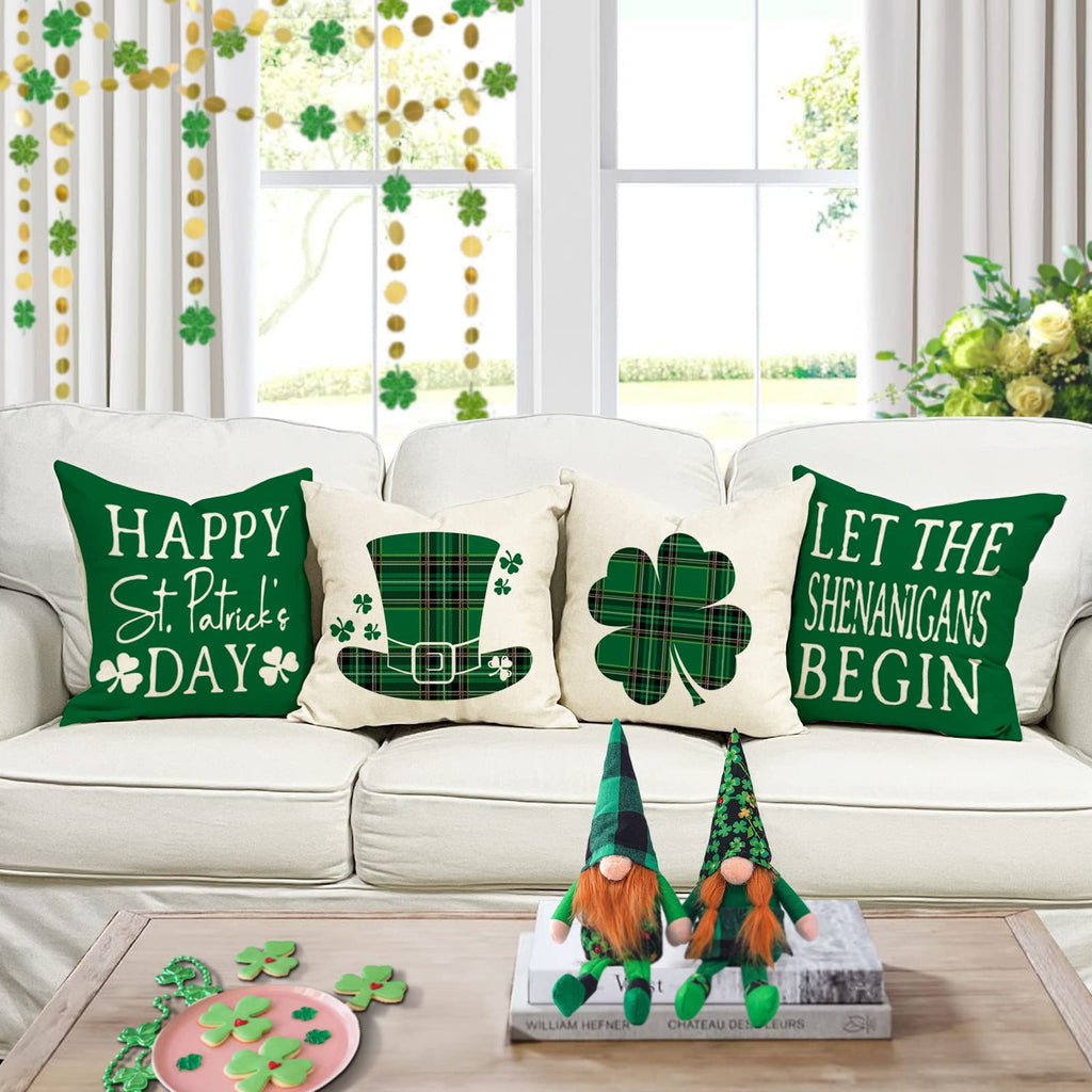 YCOLL St Patricks Day Decorations Throw Pillow Covers 18x18 Set of 4 Scottish Tartan Plaid St Patricks Day Hat Farmhouse Classic Decorative Square Cushion Cases for Sofa Couch