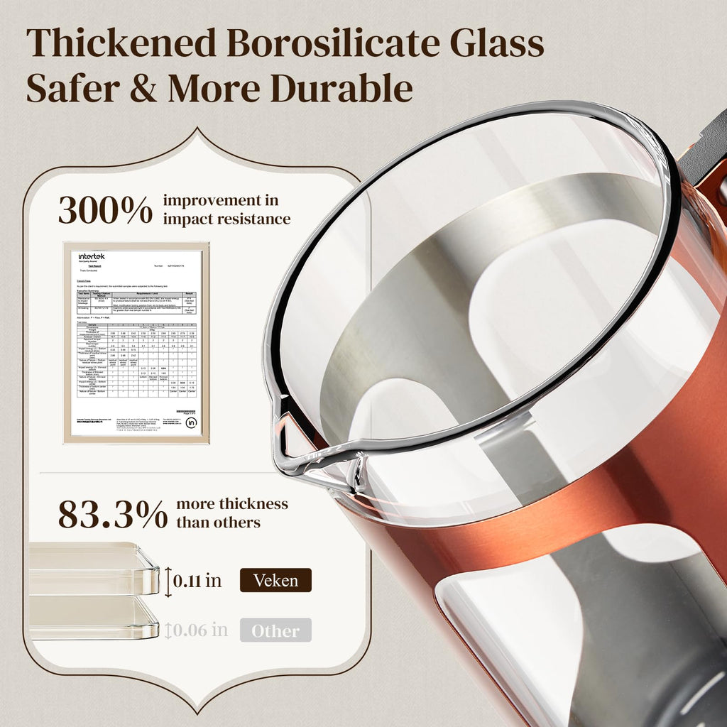 Veken French Press Coffee Maker 21oz 0.6 L, Single Serve Small Pot, Heat Resistant Thickened Borosilicate Glass, Stainless Steel Brewer, Cold Brew Cafetera Teapot for Kitchen Travel Camping, Copper
