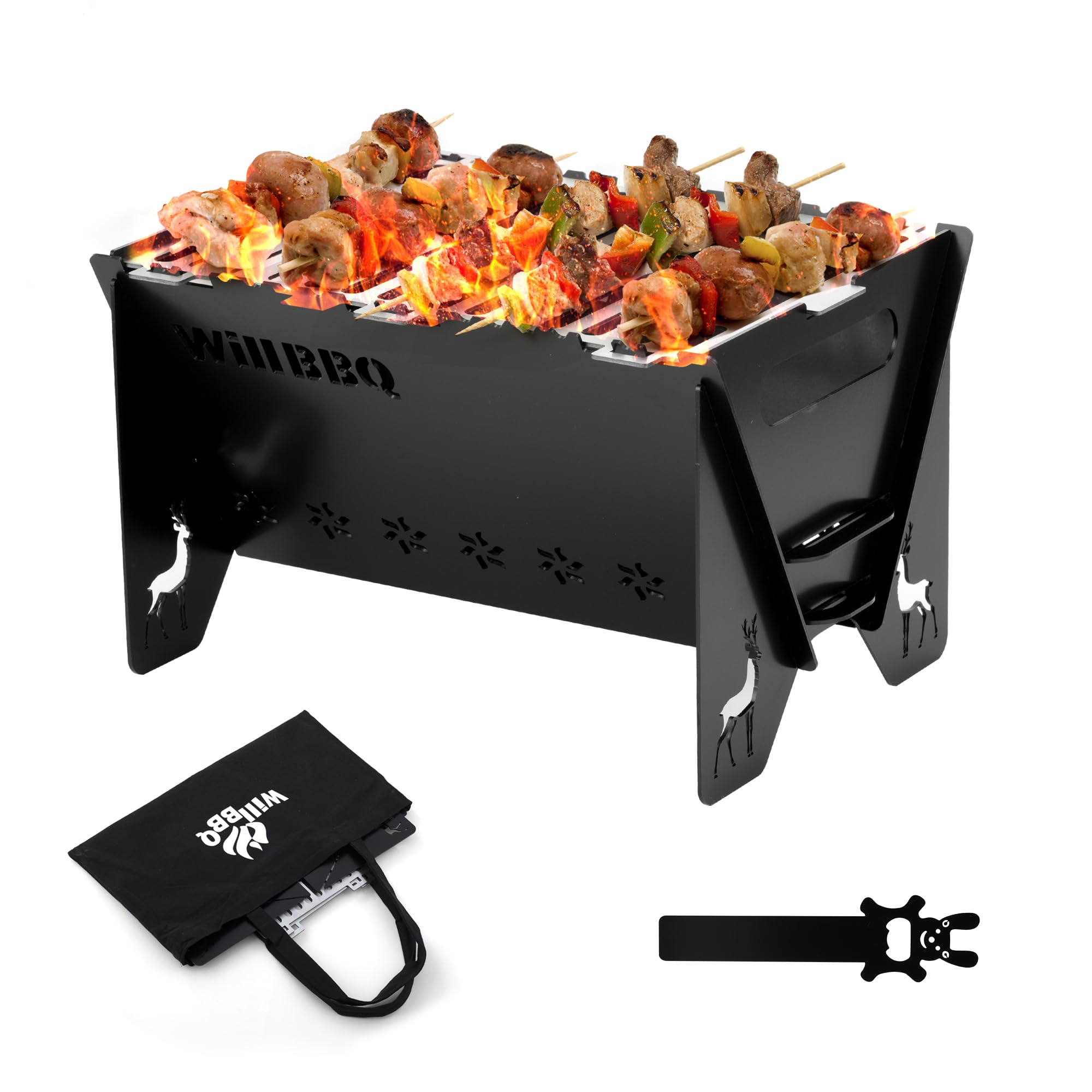 WILLBBQ Charcoal Grills Quality Portable Detachable Folding,Skewers Campfire Grill,Hibachi Backpacking BBQ Grill,Easy Portability For Outdoor Barbecues Camping Picnics Garden Party(15.8x8.5x7.5 inch)