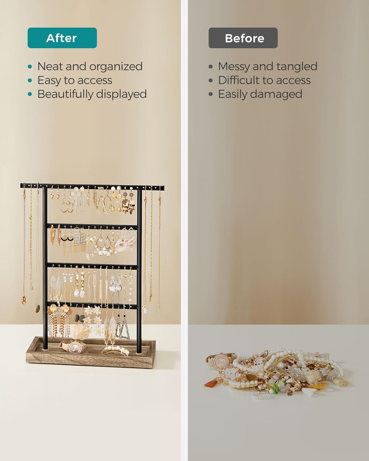 SONGMICS Jewelry Organizer, 4-Tier Earring Holder Organizer Stand with Base Tray, for Studs and Necklaces, Vintage, Wood Color and Black UJJS019B01