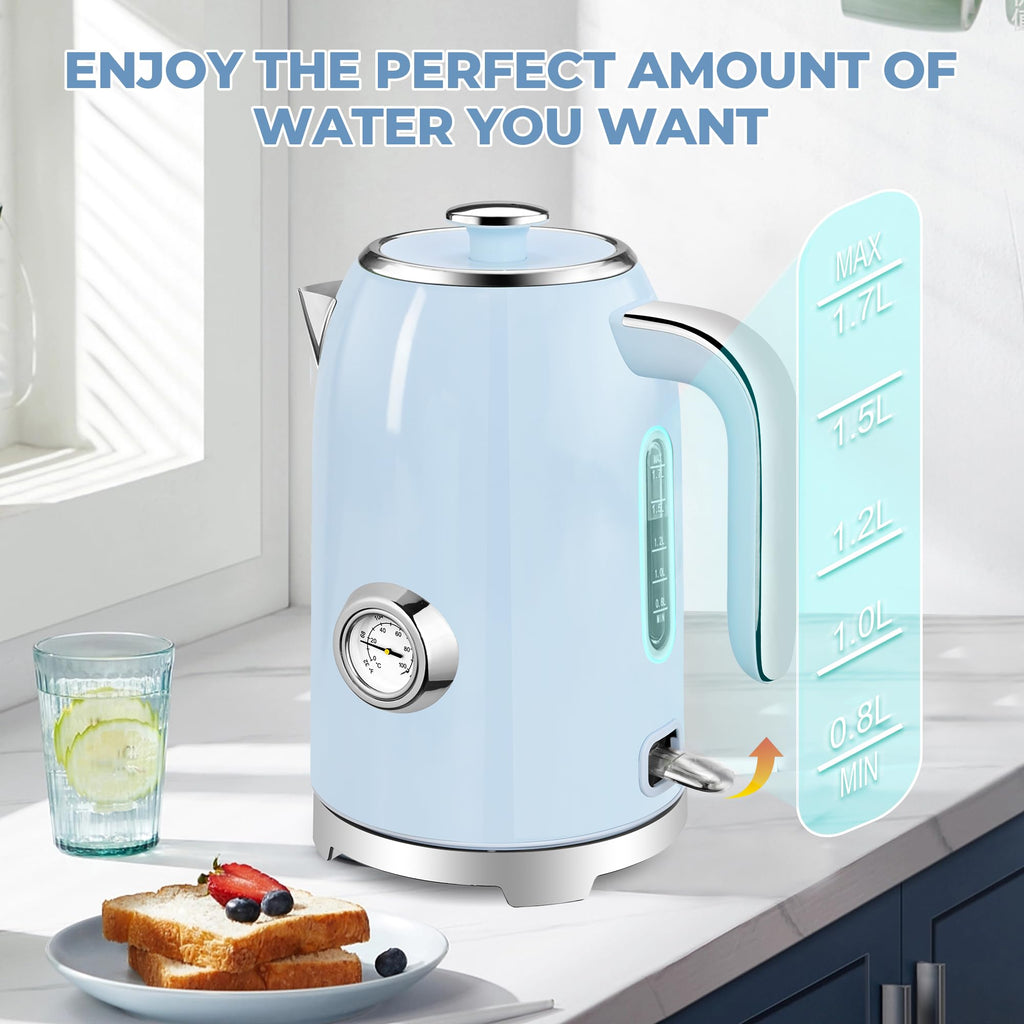 SUSTEAS Electric Kettle - 57oz Hot Tea Water Boiler with Thermometer, 1500W Fast Heating Stainless Steel Pot, Cordless LED Indicator, Auto Shut-Off & Boil Dry Protection, Retro Green