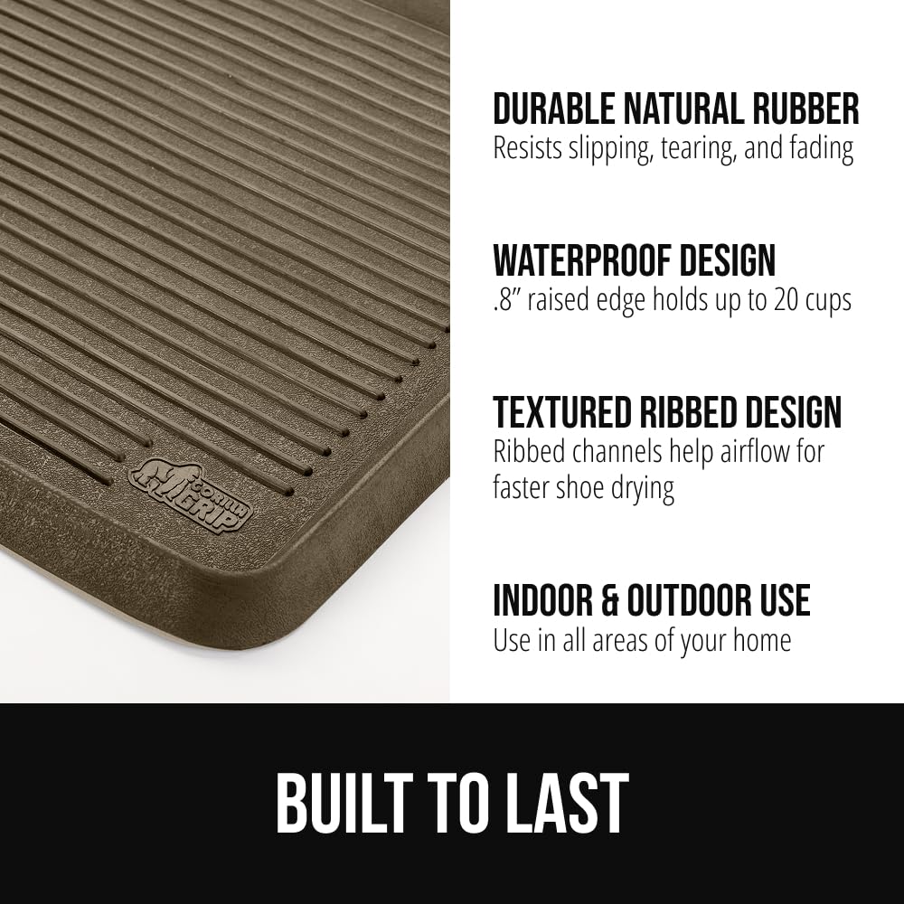 GORILLA GRIP Natural Rubber Indoor Outdoor Boot Tray for Shoes, 32x16, Waterproof Winter Mat with Raised Edges, Handles, Tear Resistant Heavy Duty Home Garage Floor Mats, Easy Clean Shoe Trays, Black
