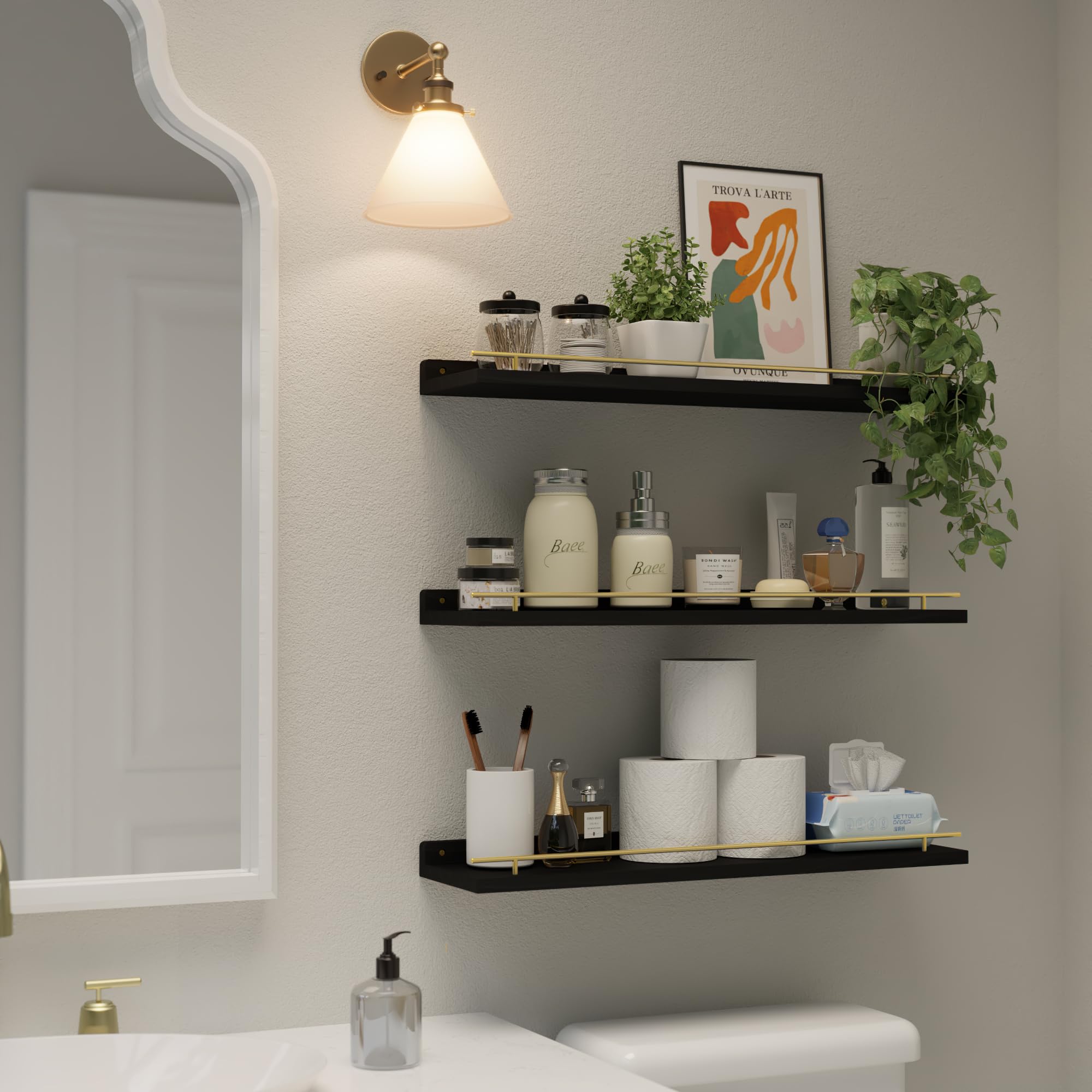 WOPITUES Floating Shelves with Black Metal Guardrail, Shelves for Wall Decor Set of 3, Wall Shelves for Bedroom, Bathroom, Kitchen, Living Room, Plants, Picture Frames, Art- Black