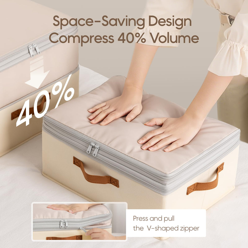 Homsorout Large Closet Storage Bins - Compression Organizer Bins, Stackable Closet Organizer, Expandable Under Bed Storage Containers for Clothes, Towels, Sheet, 2 Pack, Beige