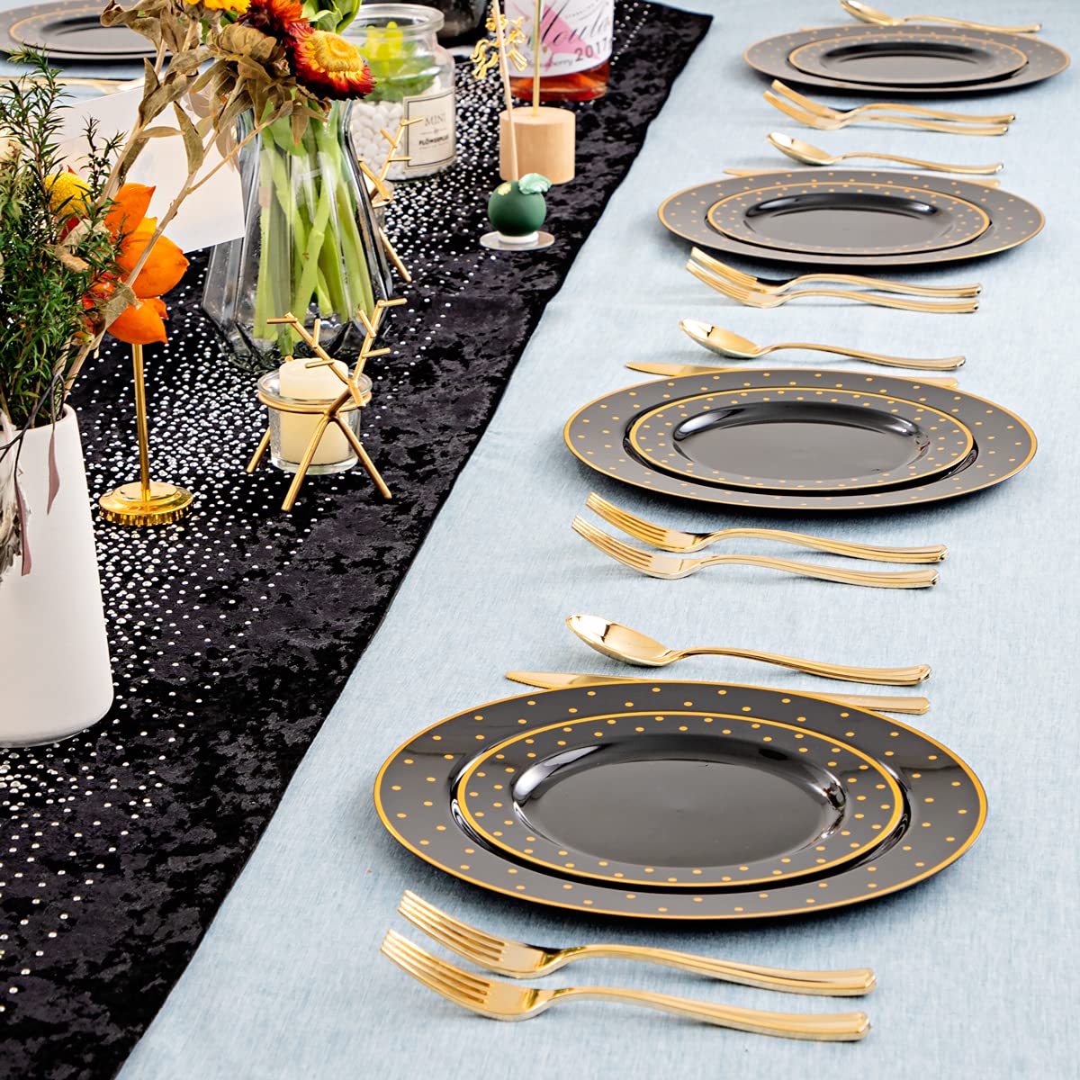DaYammi 150Pcs Gold Plastic Plates with Disposable Silverware,White Gold Disposable Dinnerware Set - 30 Dinner Plate,30 Dessert Plate,90 Gold Cutlery with White Handles,Fancy Plates for Party Wedding