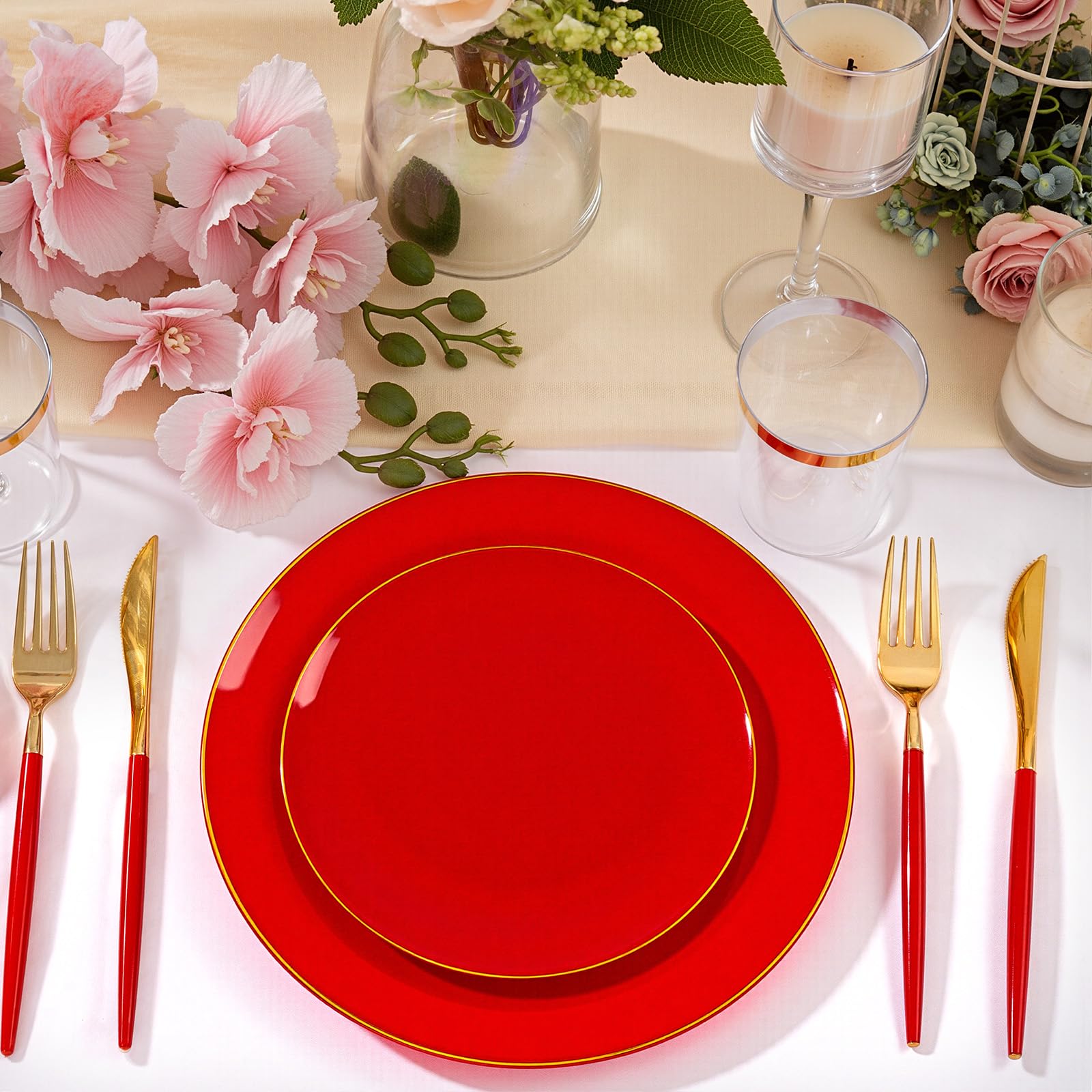 DaYammi 150Pcs Gold Plastic Plates with Disposable Silverware,White Gold Disposable Dinnerware Set - 30 Dinner Plate,30 Dessert Plate,90 Gold Cutlery with White Handles,Fancy Plates for Party Wedding