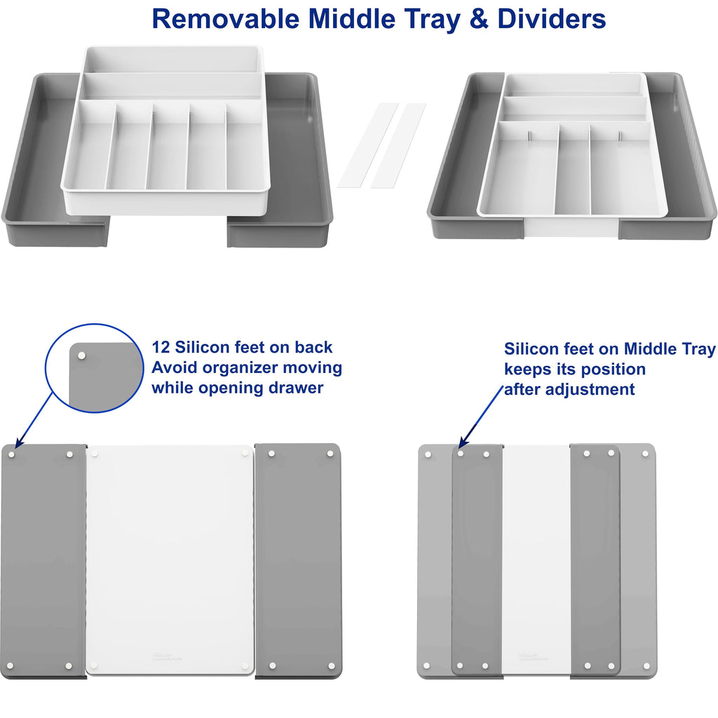 Simple Houseware Expandable & Adjustable Cutlery Drawer Organizer - Large Utensil and Flatware Tray for Kitchen Drawers, White