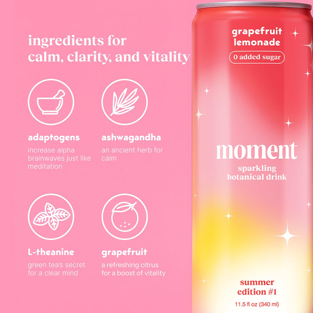 Moment Botanical Soda (Shark Tank) - Calm, Clarity & Relaxation with L-Theanine & Ashwagandha - Non Alcoholic Drinks for Adults - Sparkling Adaptogen Drink - 0 Sugar 0 Caffeine - 12 Pack 11.5 fl oz