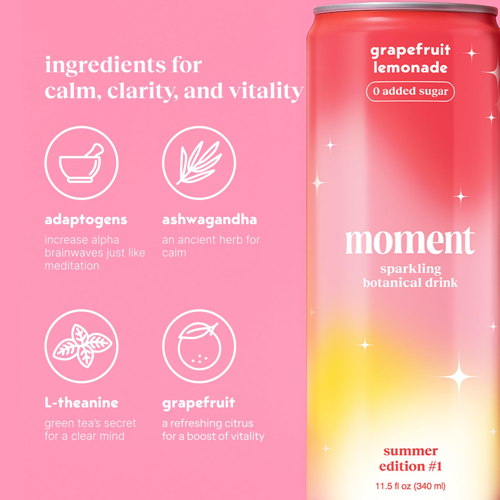 Moment Botanical Soda (Shark Tank) - Calm, Clarity & Relaxation with L-Theanine & Ashwagandha - Non Alcoholic Drinks for Adults - Sparkling Adaptogen Drink - 0 Sugar 0 Caffeine - 12 Pack 11.5 fl oz