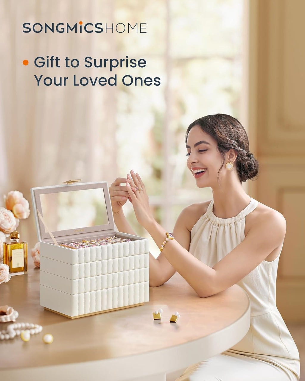 SONGMICS HOME Stackable Jewelry Box with Mirror, 4-Tier Jewelry Storage Organizer, PU Surface with Stitching, Floating Effect, 6.7 x 11 x 8 Inches, Cloud White, ANAH Collection UJBC181W01